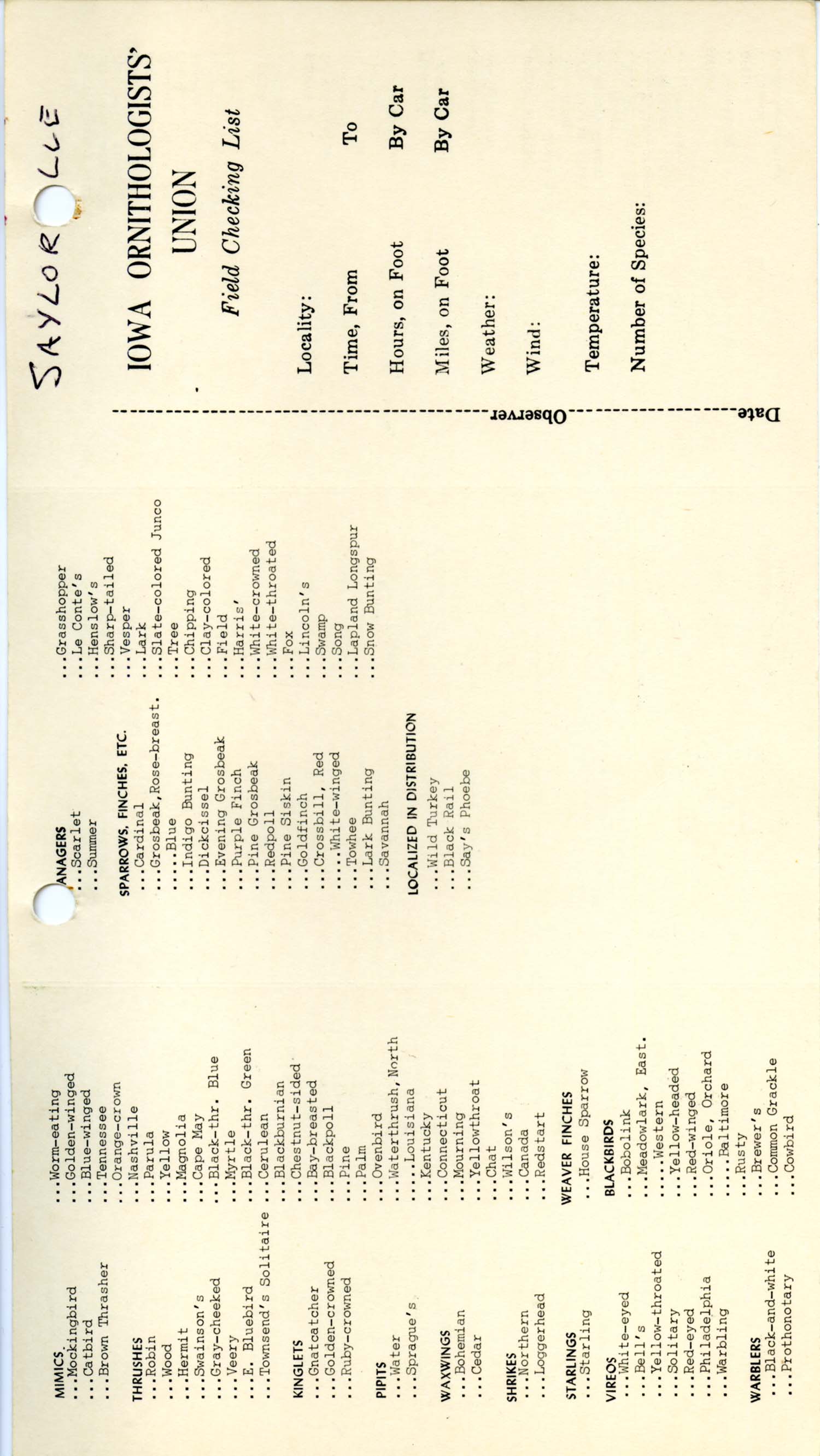 Field checking list used at Saylorville