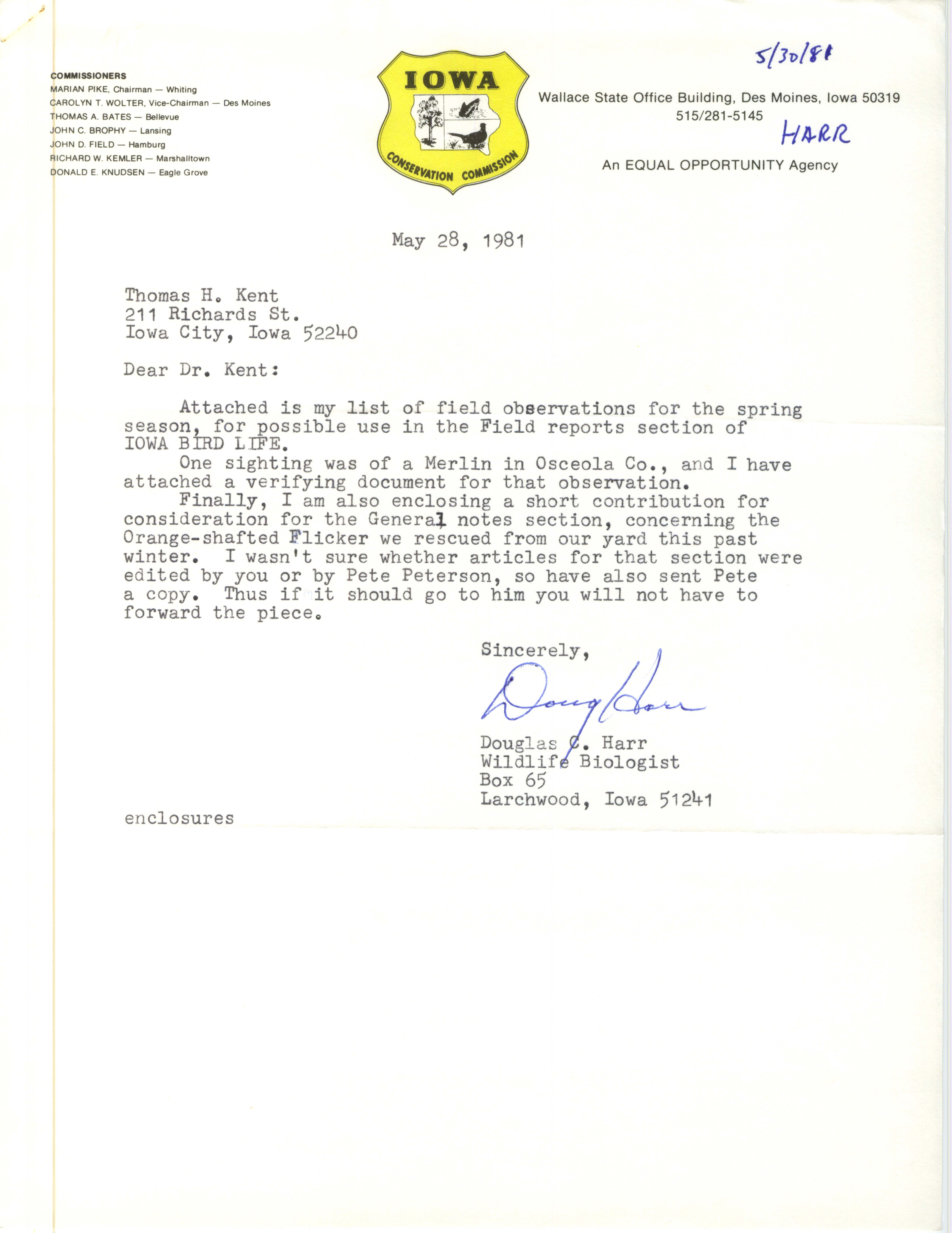 Douglas Harr letter to Thomas Kent regarding spring field observations, May 28, 1981