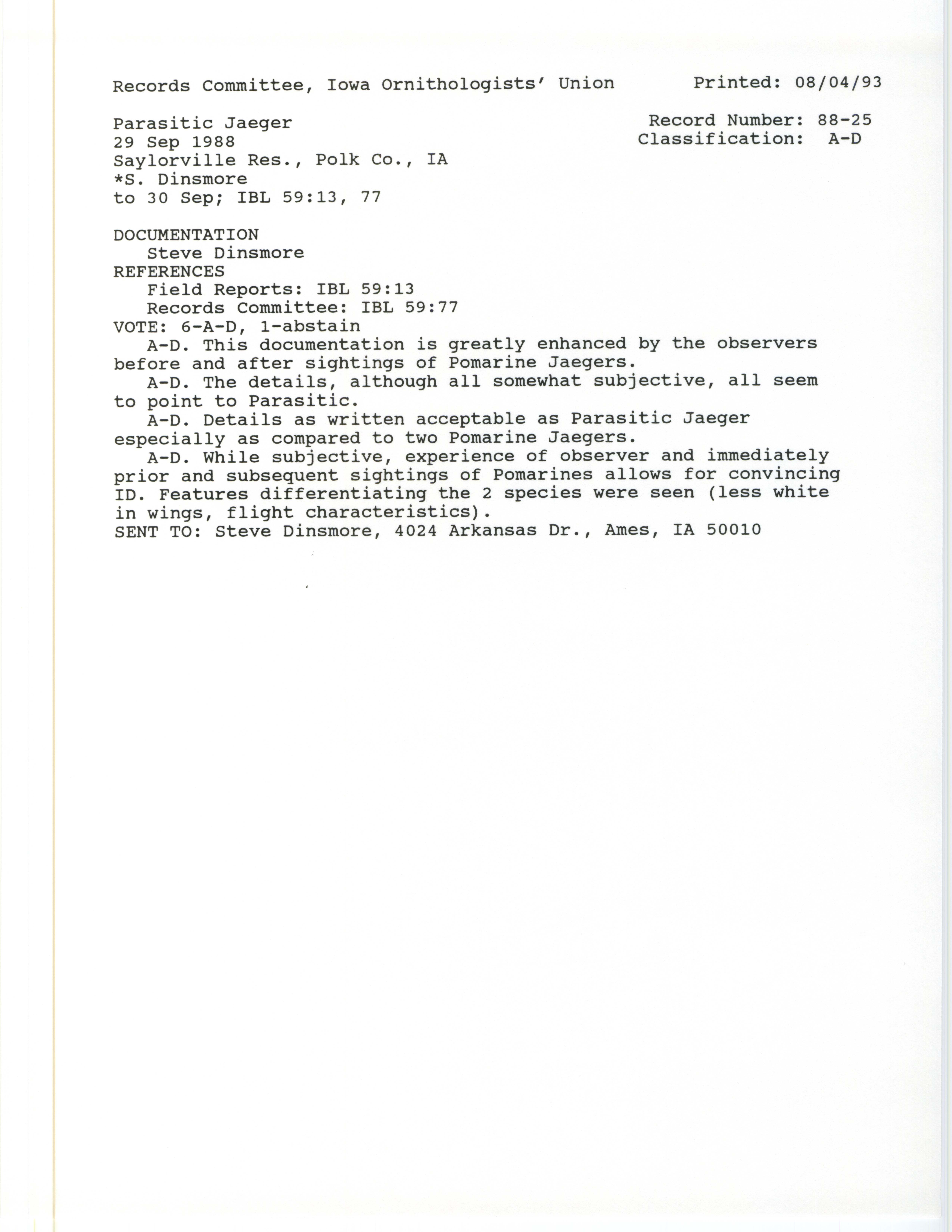 Records Committee review for rare bird sighting of Parasitic Jaeger at Saylorville Reservoir, 1988