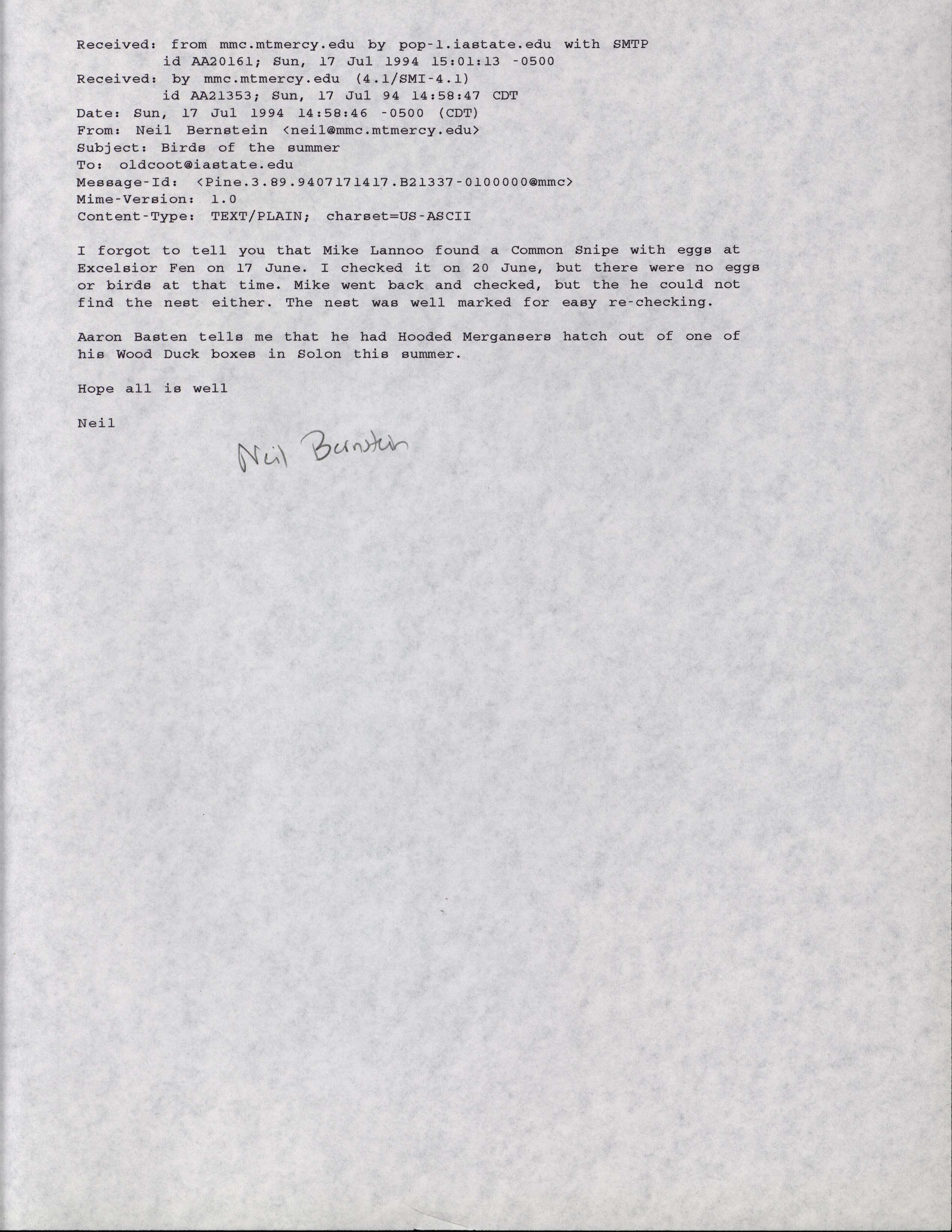 Neil Bernstein email to Jim Dinsmore regarding Common Snipe nest, July 17, 1994