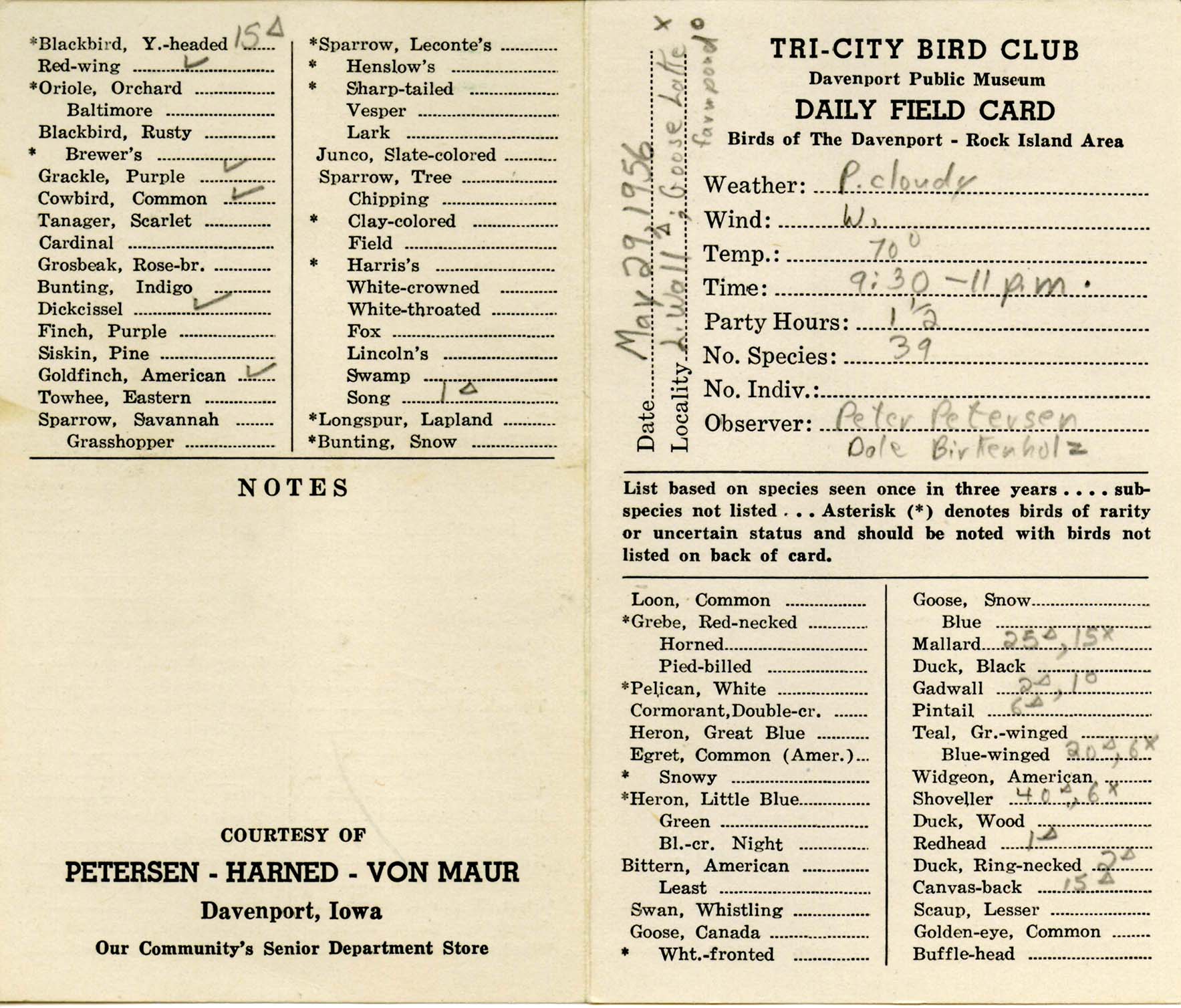 Tri-city Bird Club daily field card compiled by Peter C. Petersen and Dale Birkenholz, May 29, 1956
