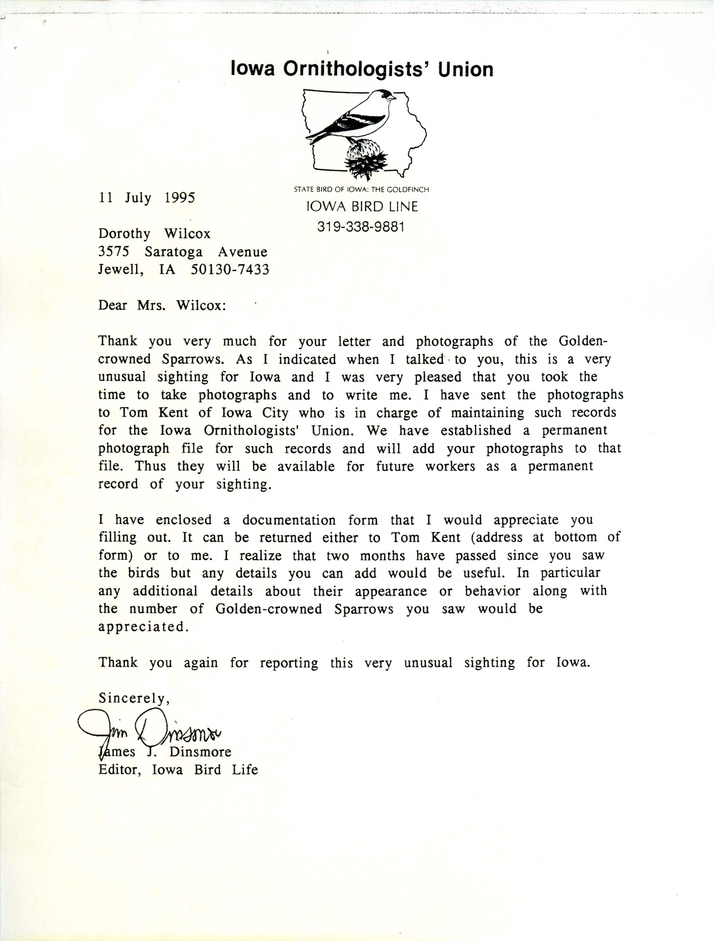 Jim Dinsmore letter to Dorothy Wilcox regarding Golden-crowned Sparrow photographs, July 11, 1995