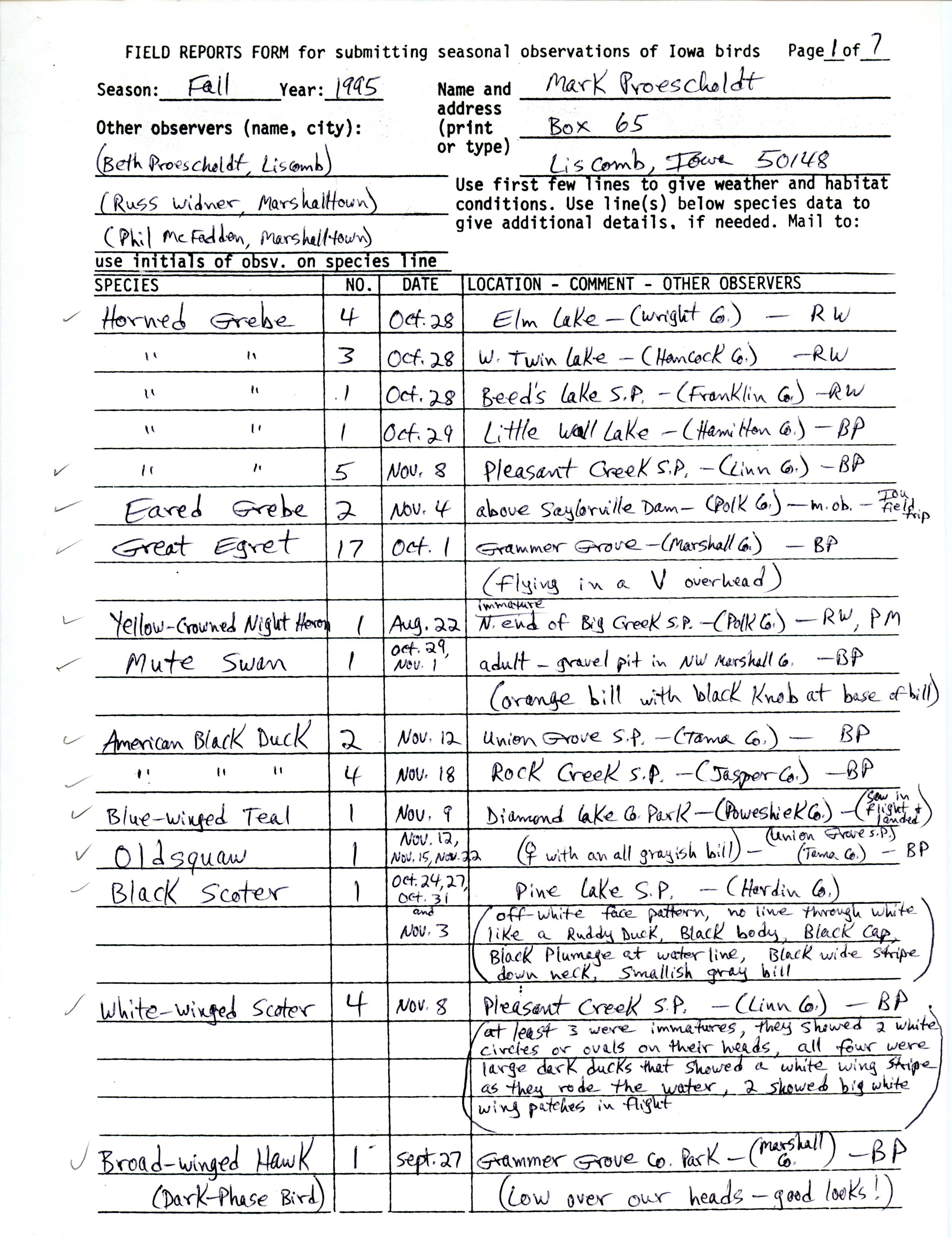 Field reports form for submitting seasonal observations of Iowa birds, Mark Proescholdt, fall 1995