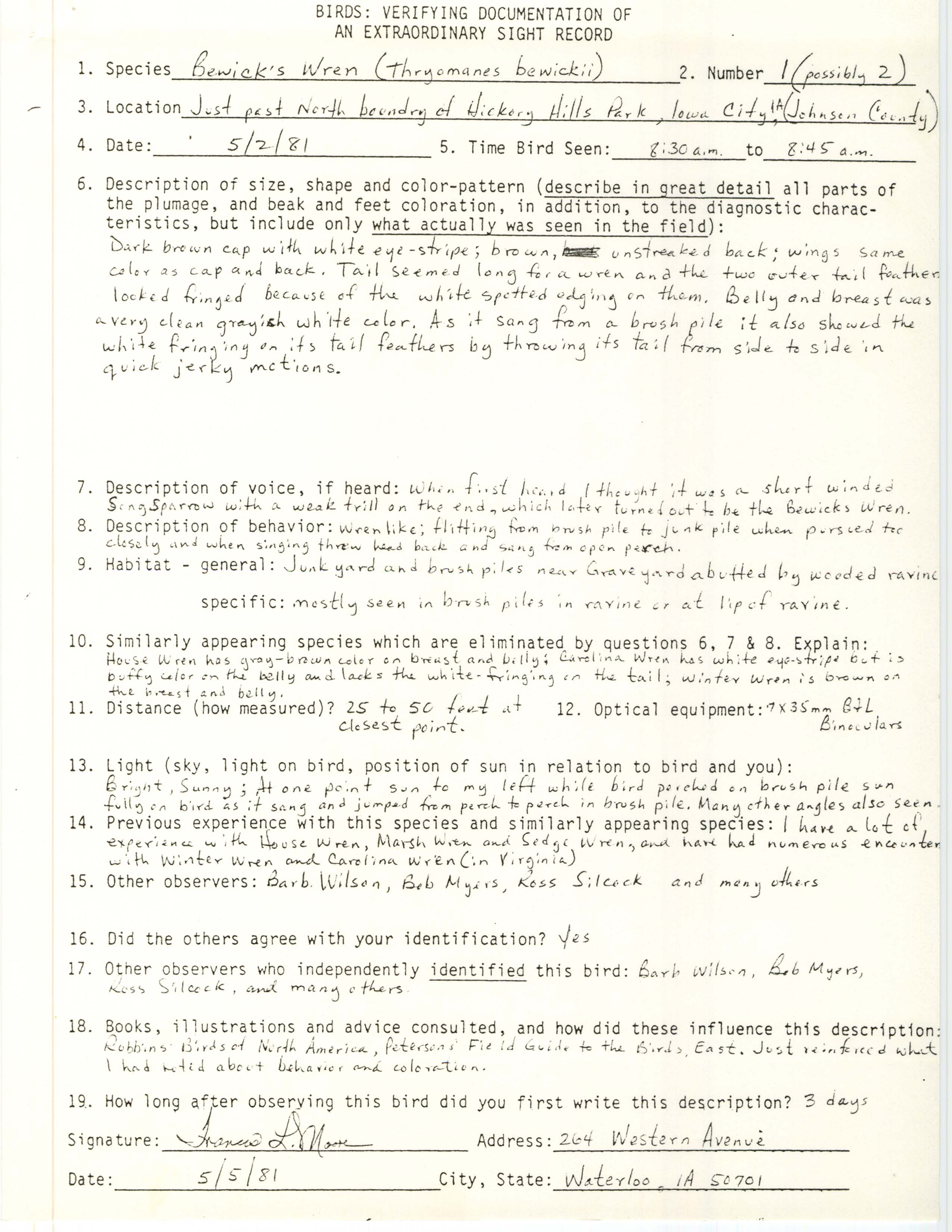 Rare bird documentation form for Bewick's Wren north of Hickory Hill Park in Iowa City, 1981