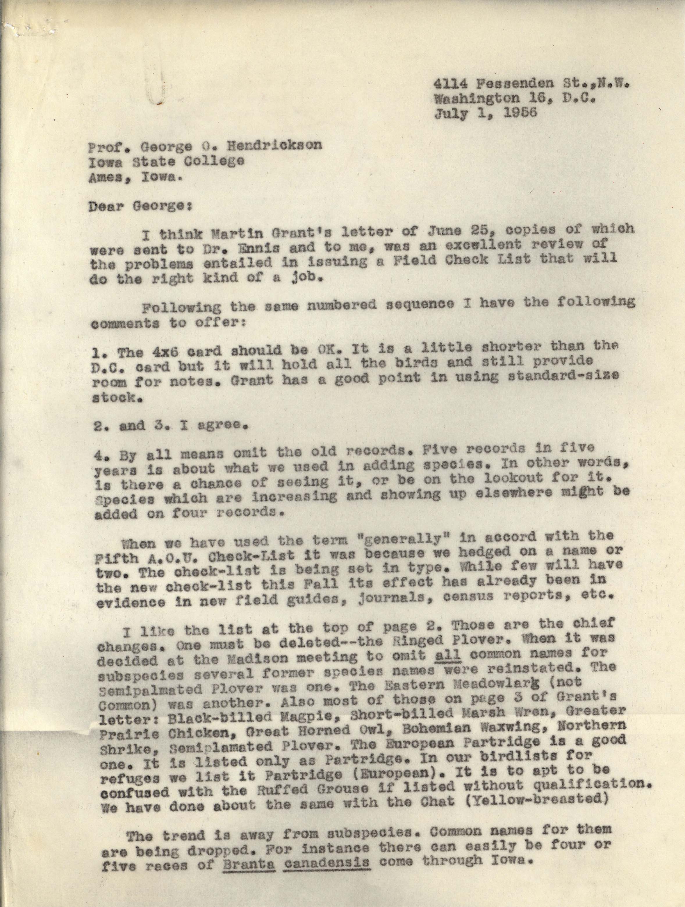Philip DuMont letter to George Hendrickson regarding Martin Grant's suggestions, July 1, 1956