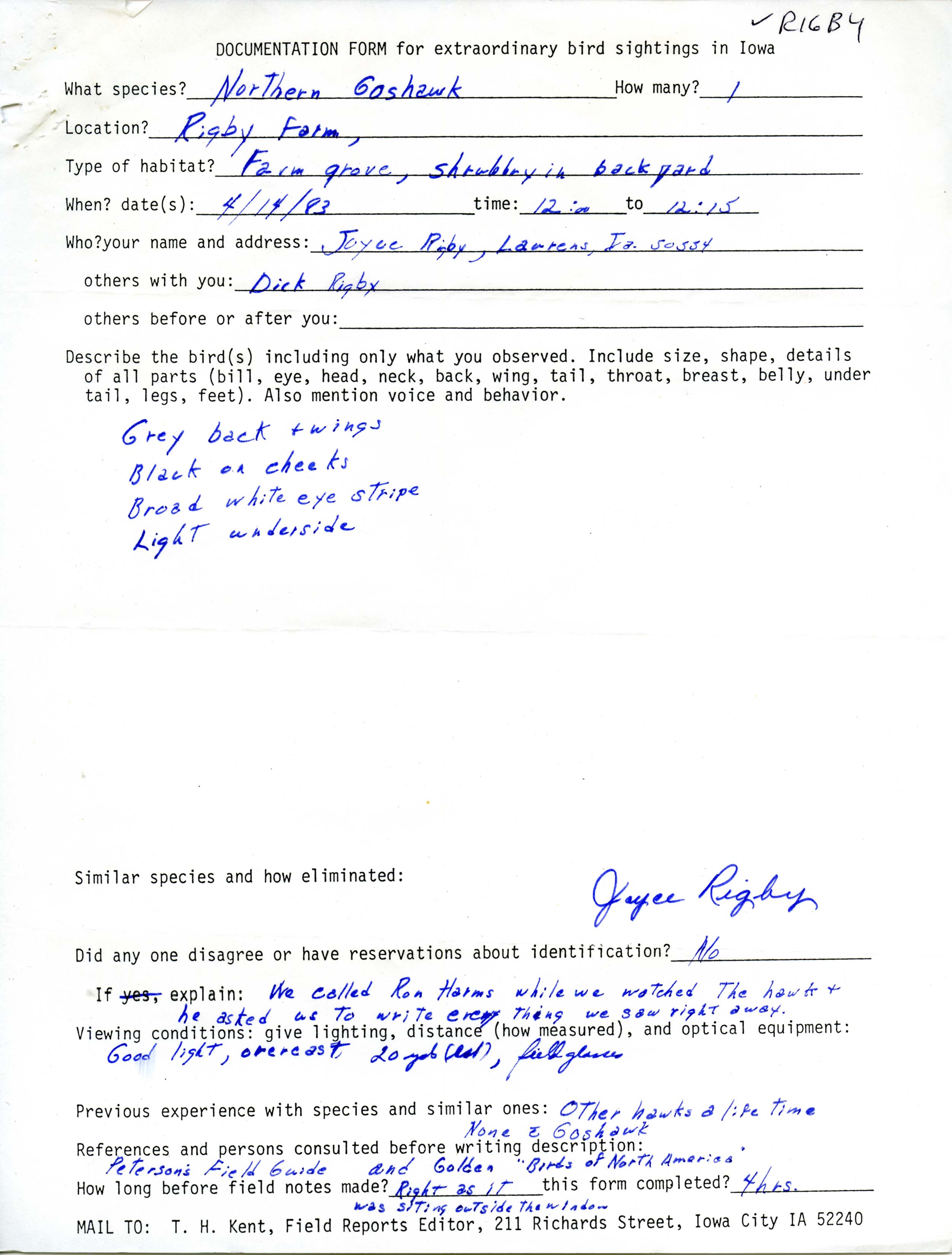 Rare bird documentation form for Northern Goshawk at Rigby Farm in Laurens, 1983