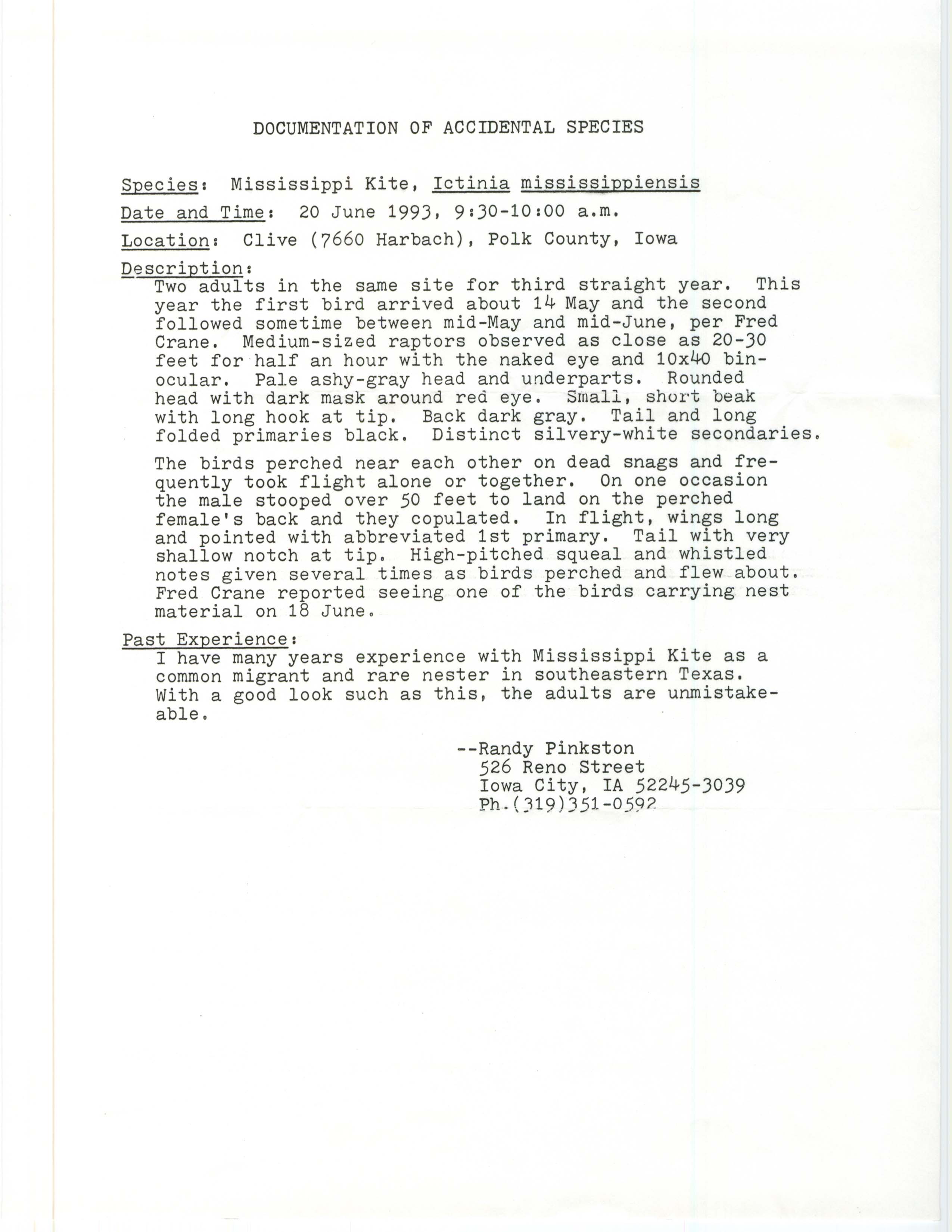 Rare bird documentation form for Mississippi Kite at Clive, 1993