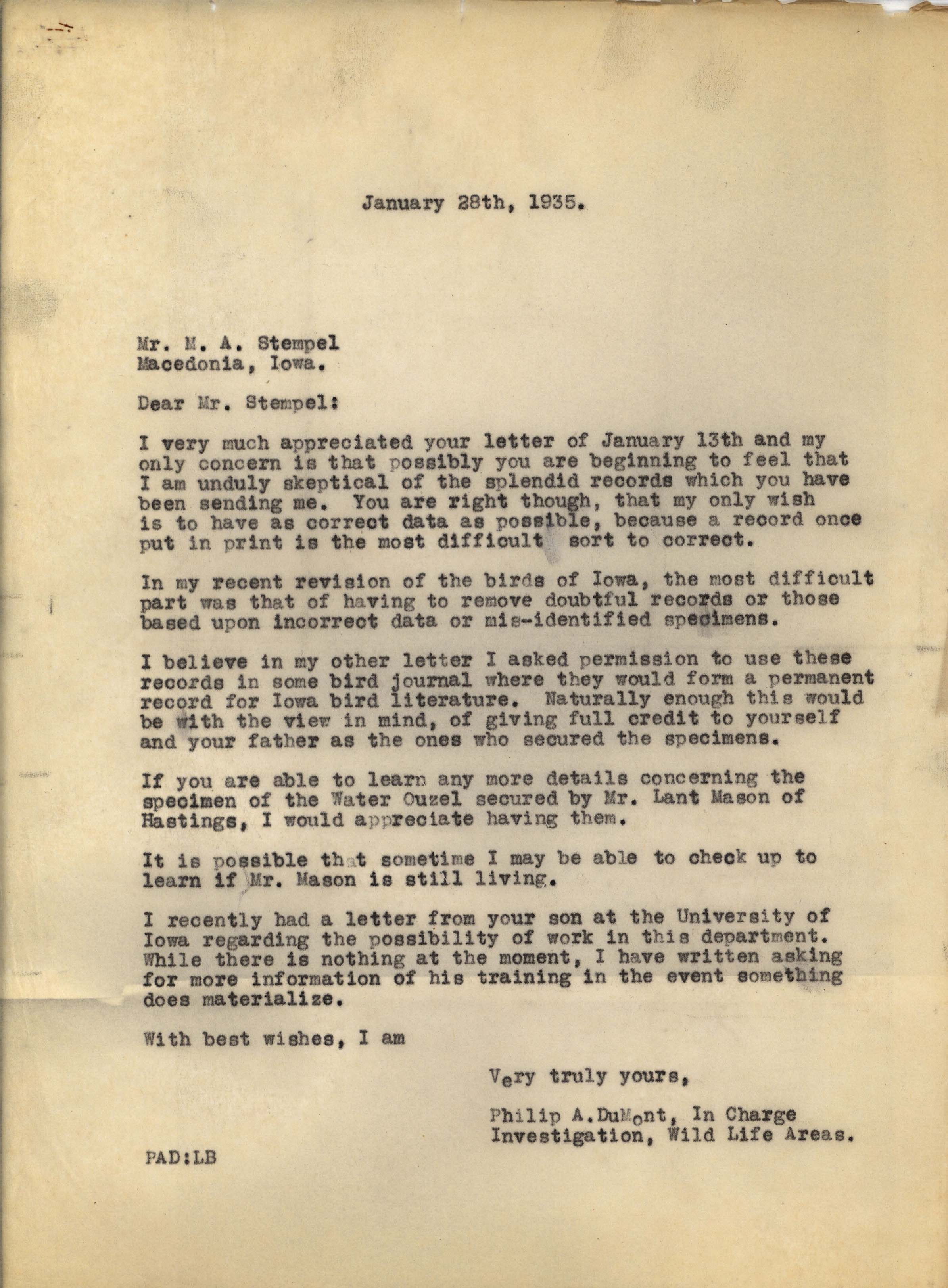 Philip DuMont letter to Max Stempel regarding details about the Water Ouzel, January 28, 1935