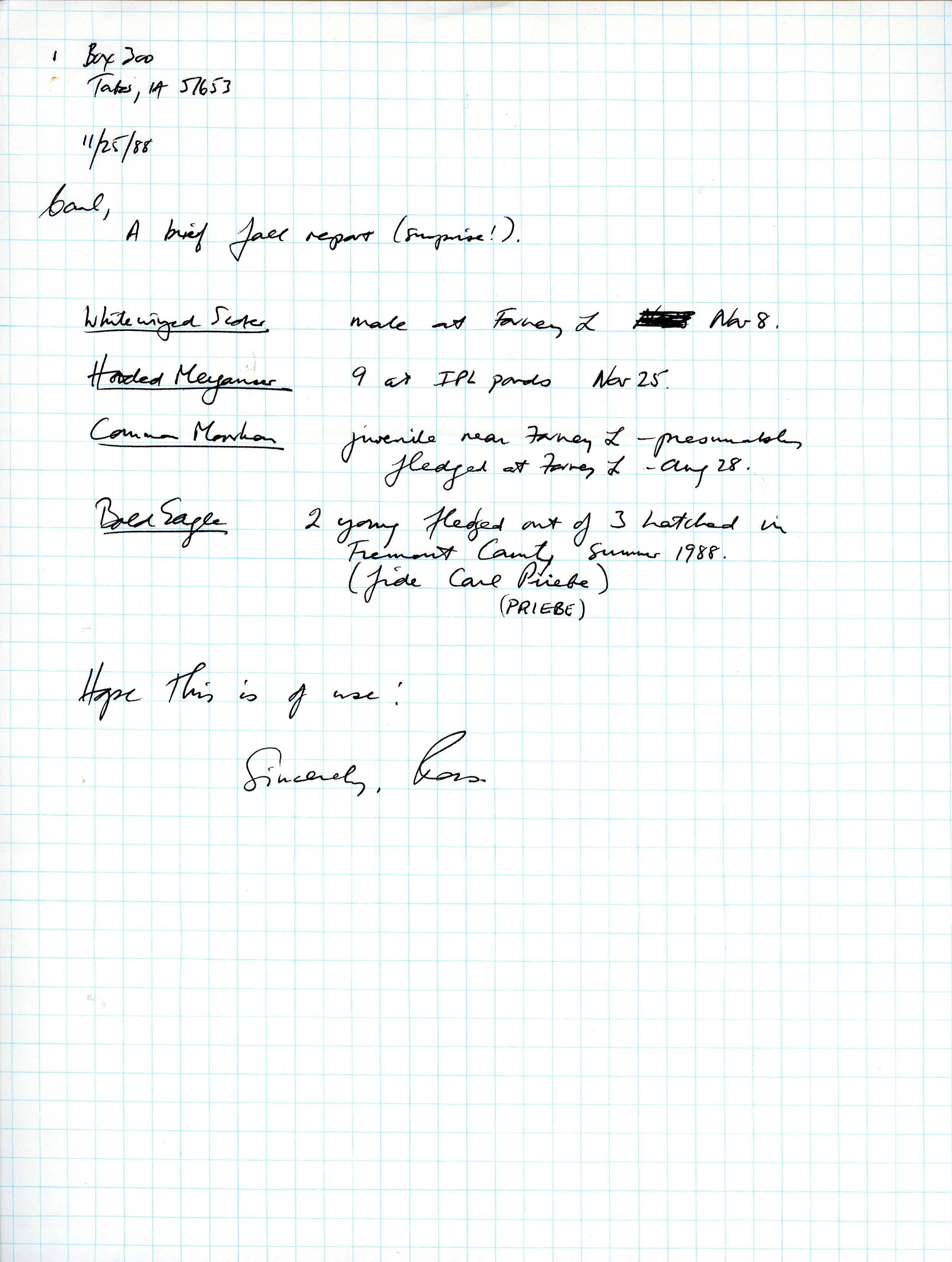W. Ross Silcock letter to Carl J. Bendorf regarding bird sightings, November 25, 1988