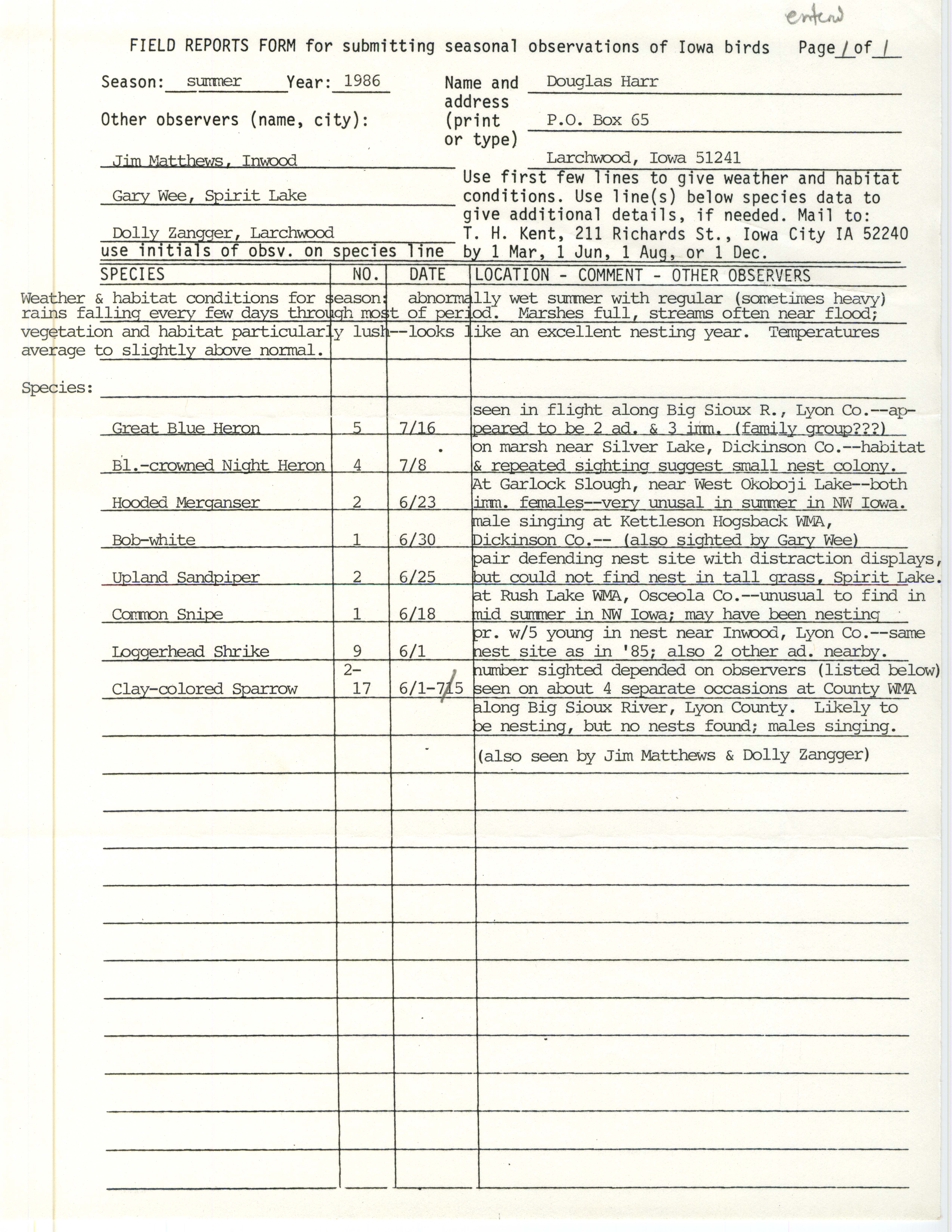 Field reports form for submitting seasonal observations of Iowa birds, Douglas C. Harr, summer 1986