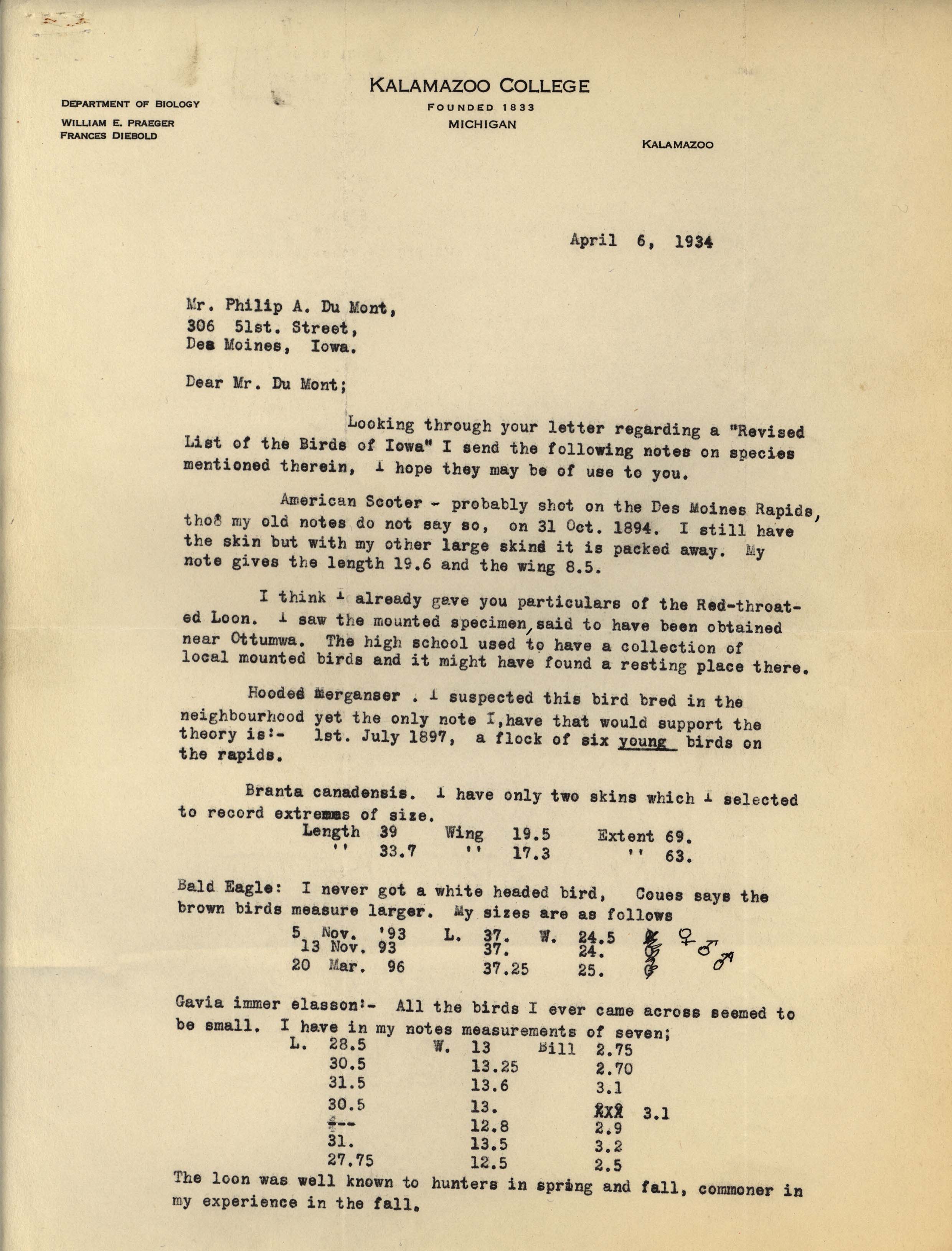 William Praeger letter to Philip DuMont regarding bird specimens, April 6, 1934