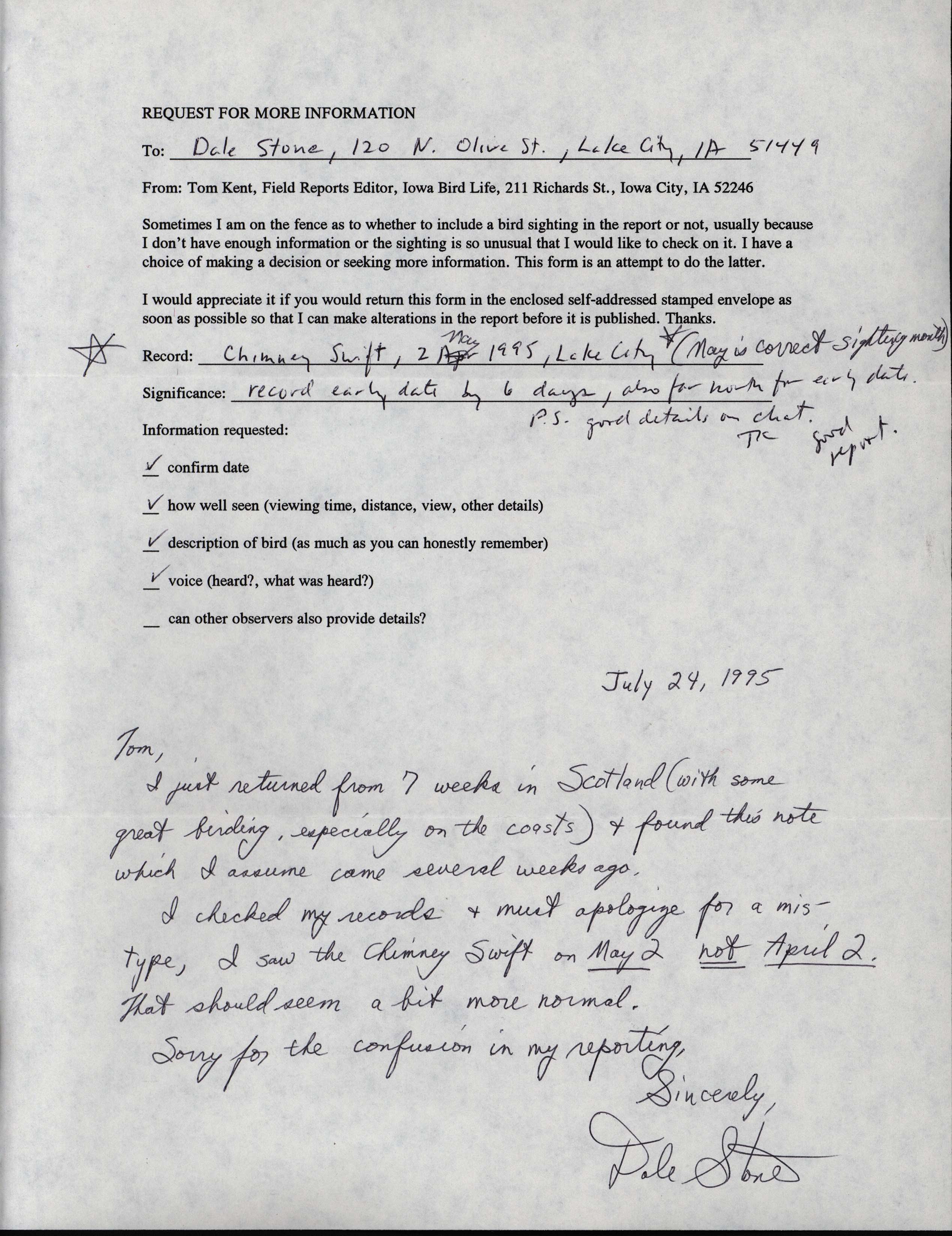 Thomas Kent letter to Dale Stone regarding request for more information, spring 1995