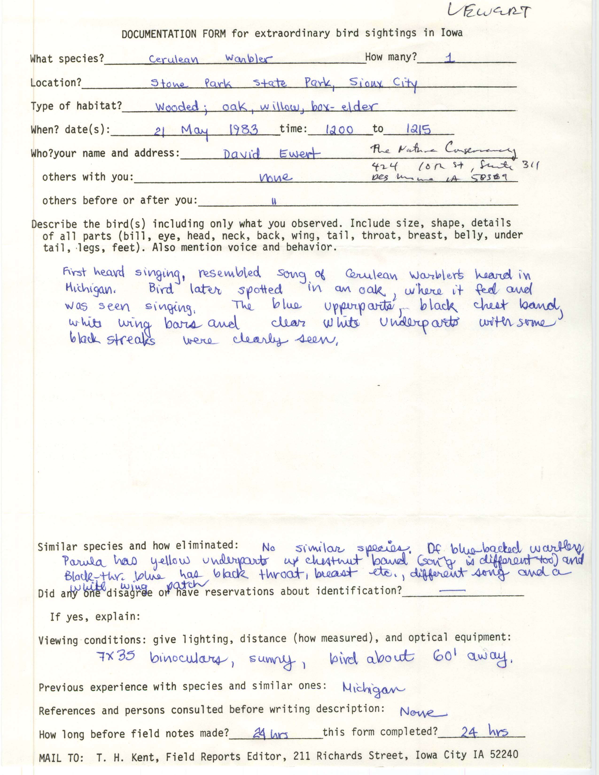 Rare bird documentation form for Cerulean Warbler at Stone State Park, 1983