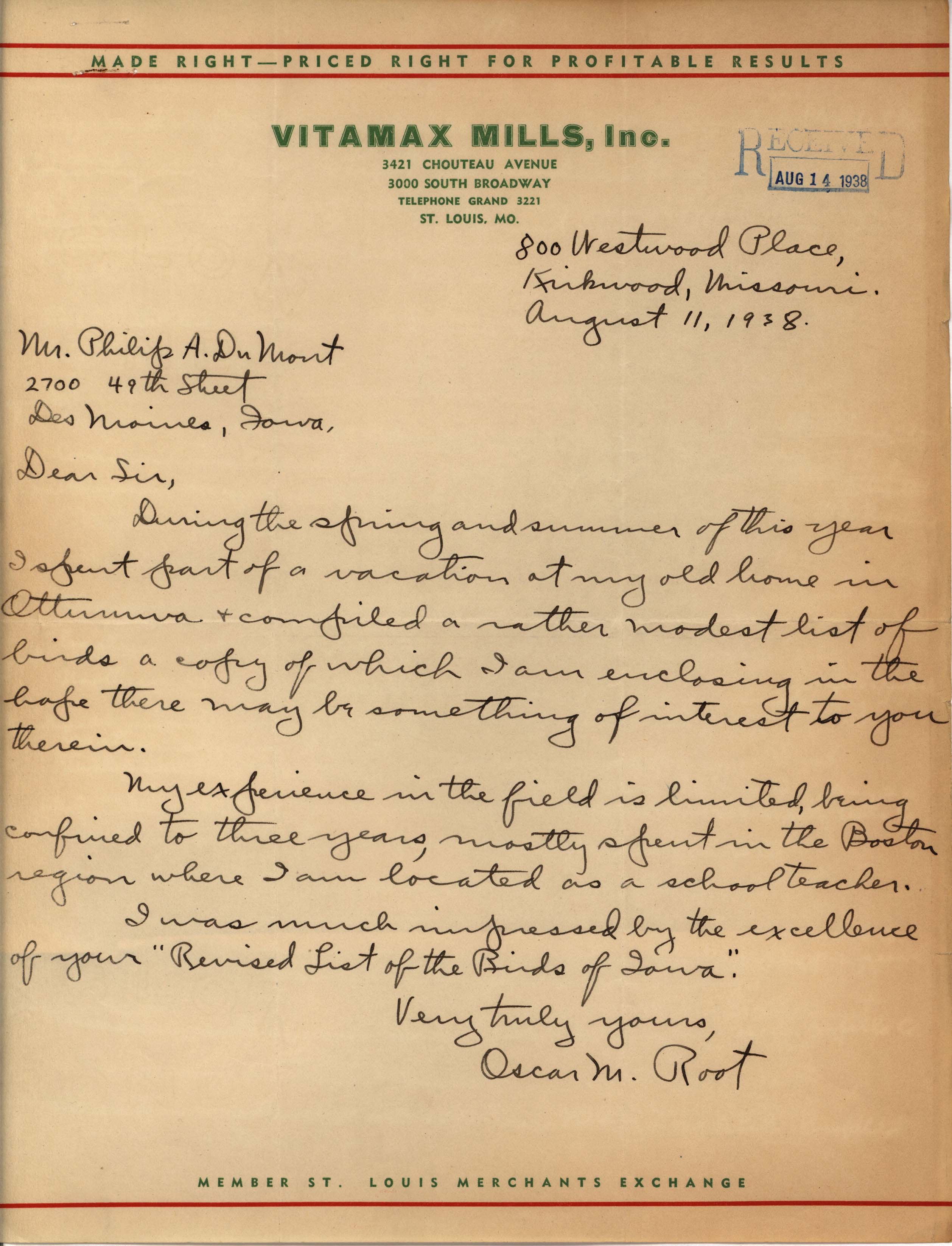 Oscar Root letter to Philip DuMont regarding birds sighted in Iowa, August 11, 1938
