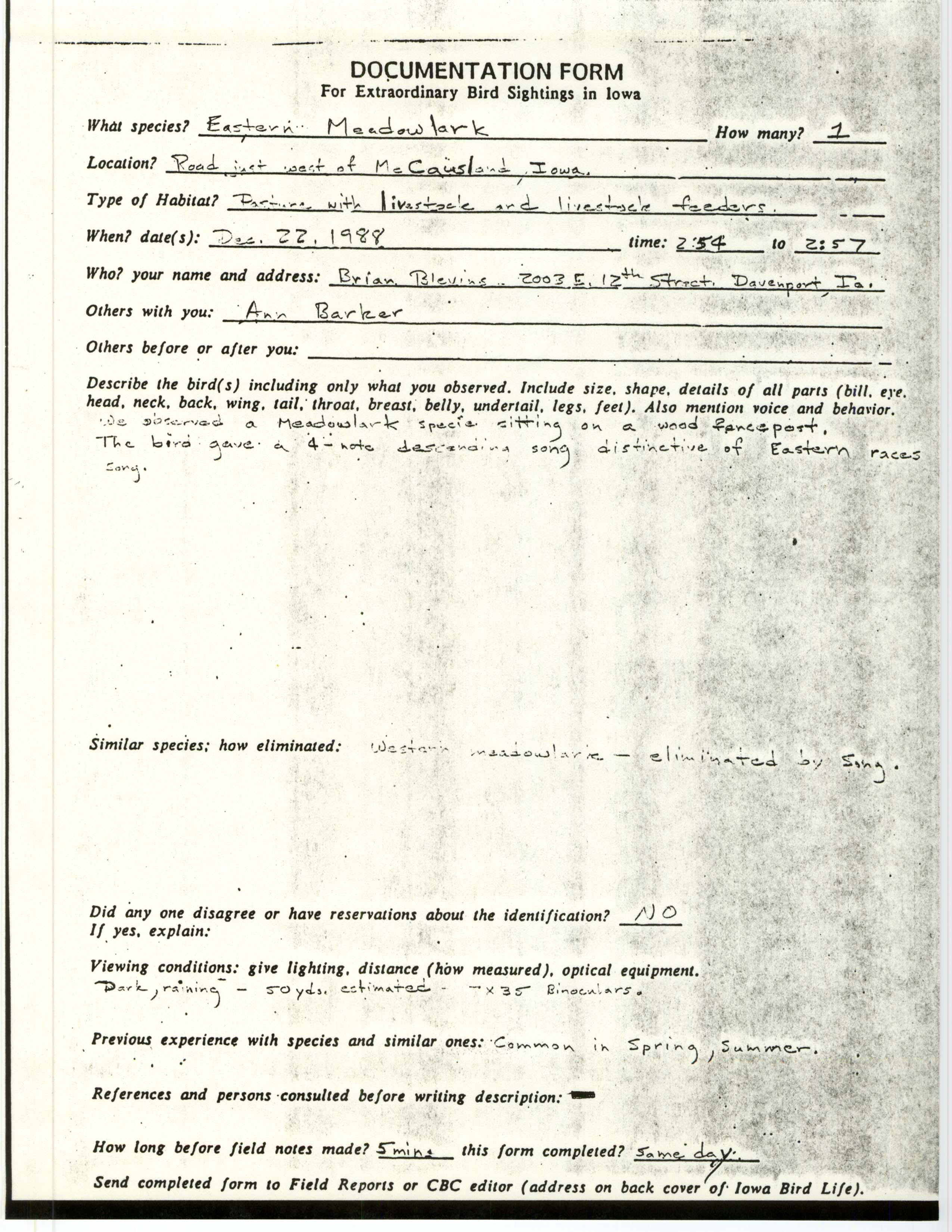 Rare bird documentation form for Eastern Meadowlark west of McCausland, 1988
