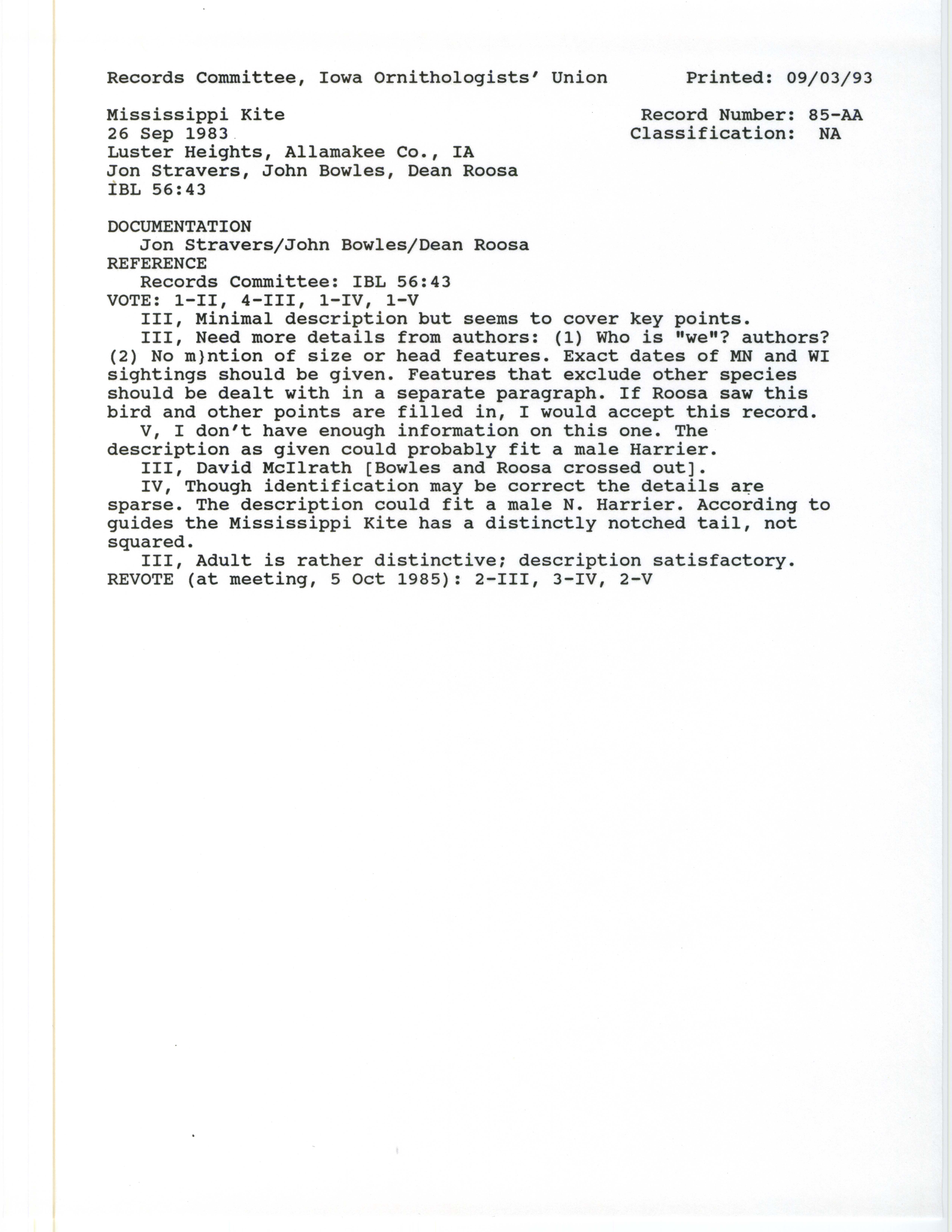 Records Committee review for rare bird sighting of Mississippi Kite near Luster Heights, 1983