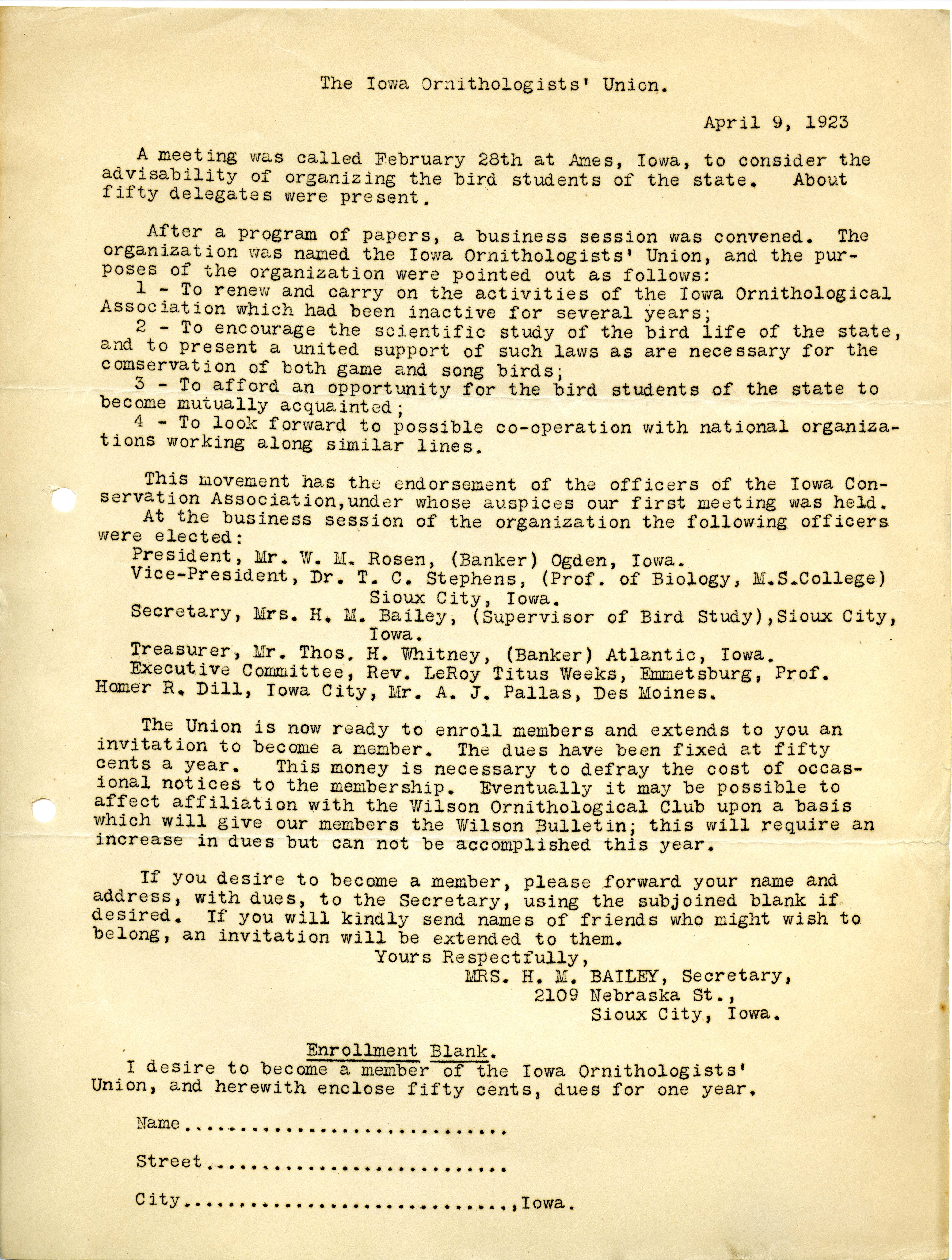 The Iowa Ornithologists' Union meeting notes, April 9, 1923