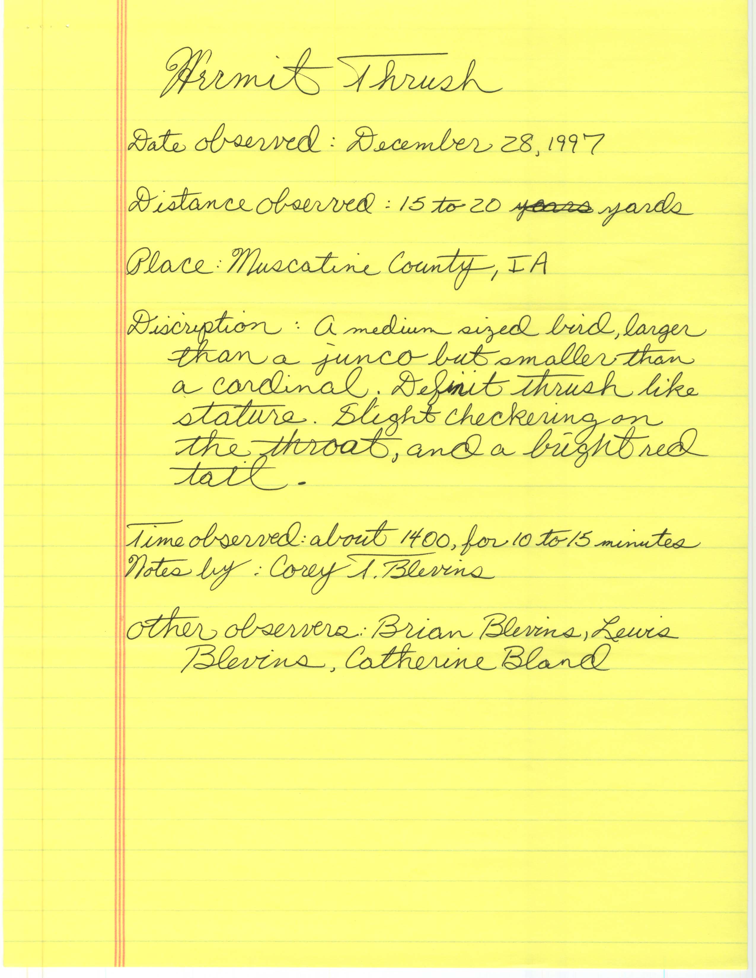Rare bird documentation form for Hermit Thrush at Muscatine County, 1997