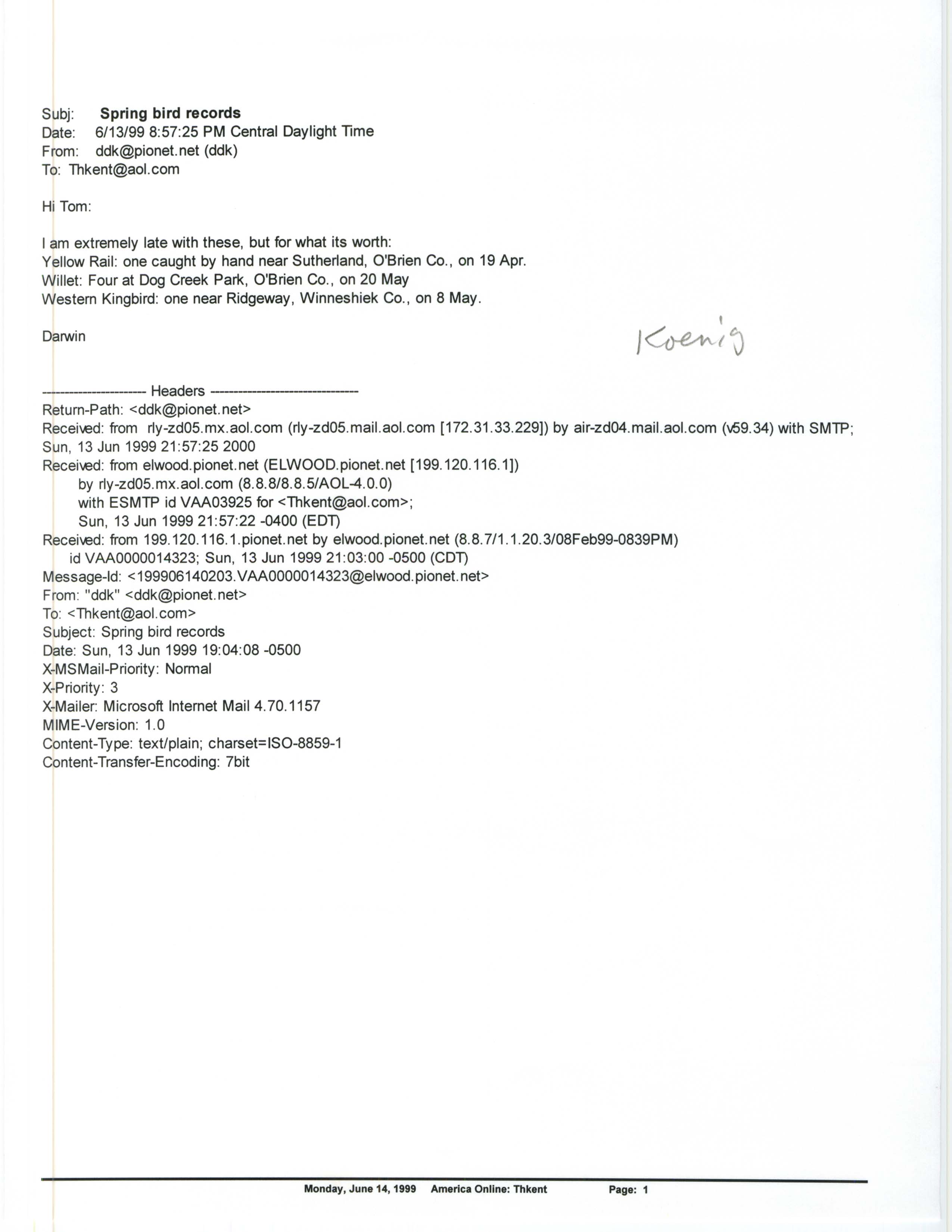 Darwin Koenig email to Thomas Kent regarding spring bird records, June 13, 1999