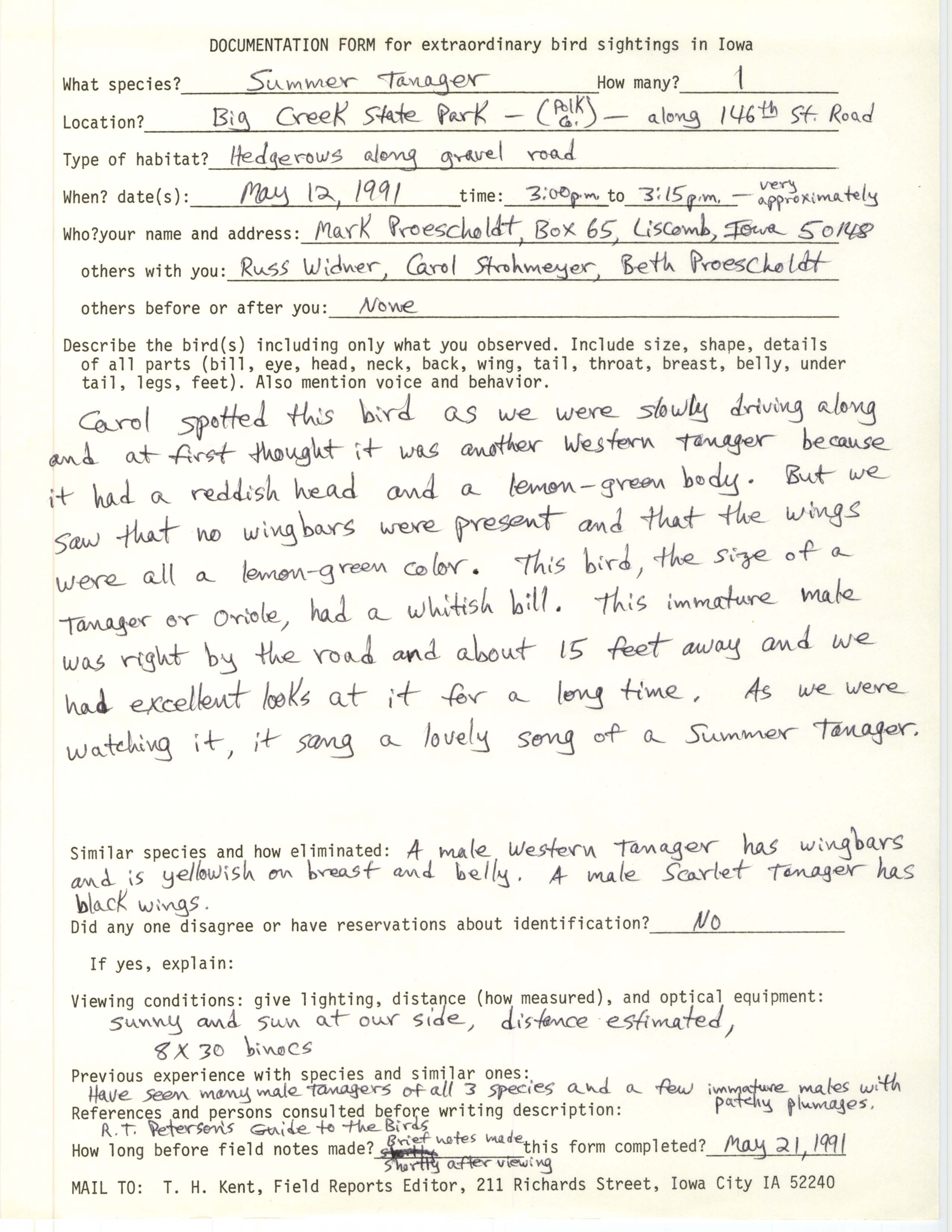 Rare bird documentation form for Summer Tanager at Big Creek State Park, 1991