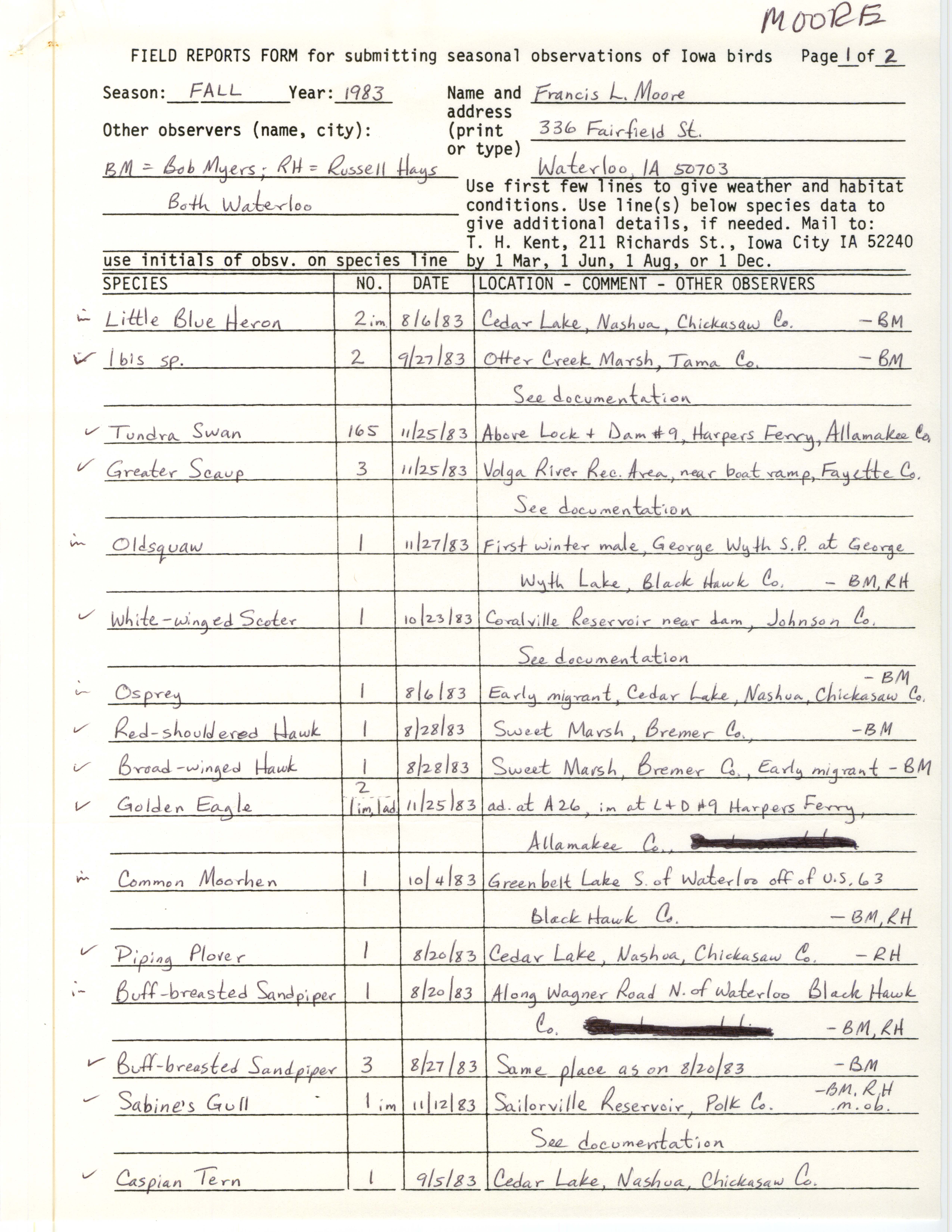 Field reports form for submitting seasonal observations of Iowa birds, Francis L. Moore, fall 1983