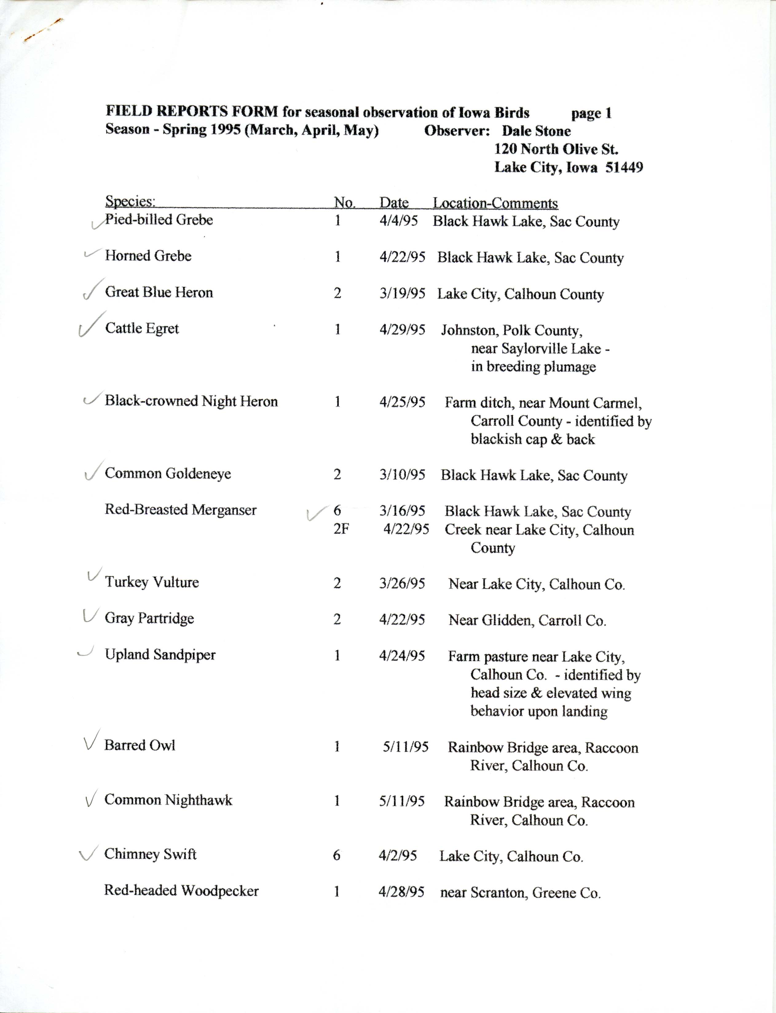 Field reports form for submitting seasonal observations of Iowa birds, spring 1995, Dale Stone