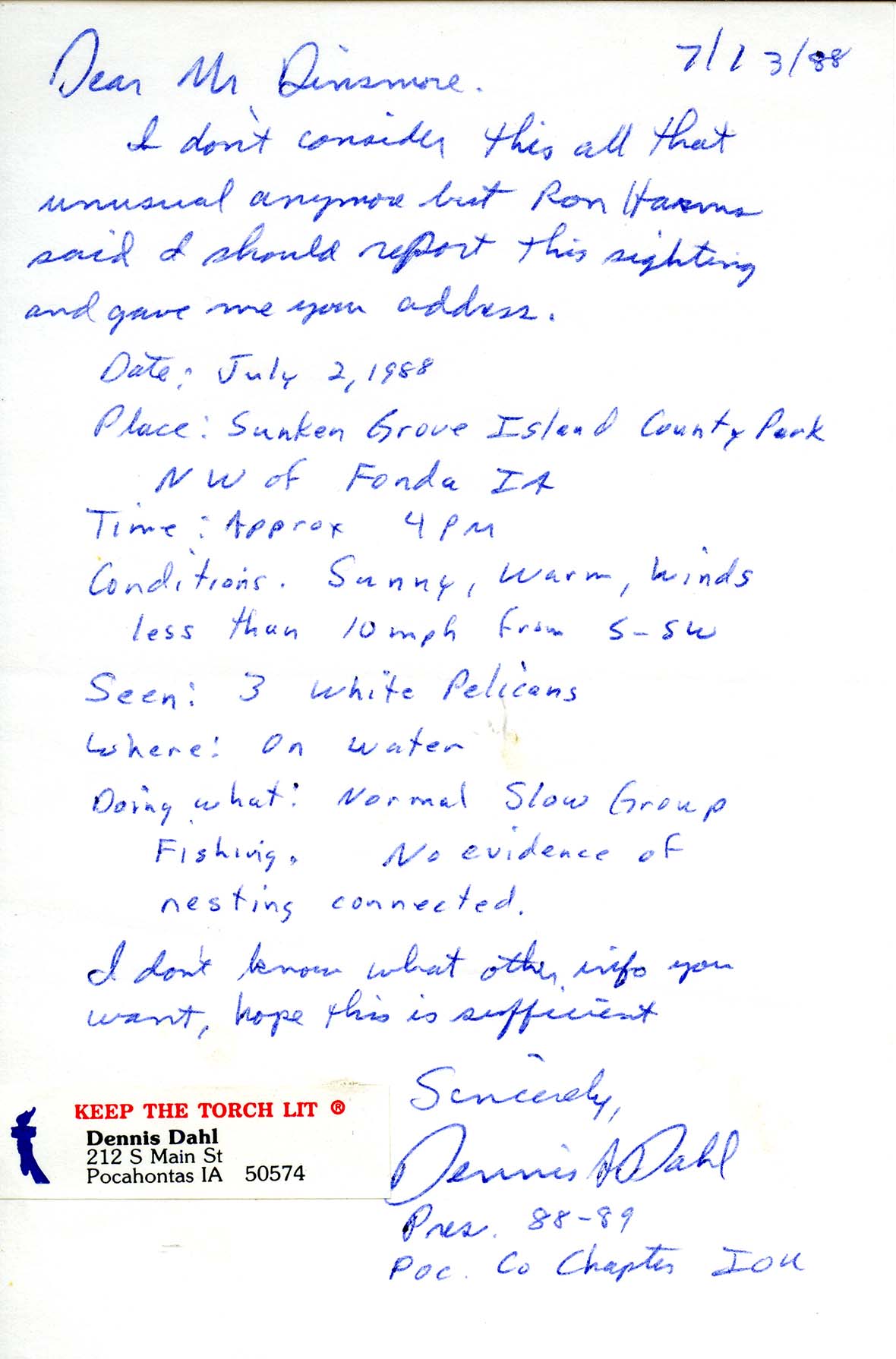 Dennis Dahl letter to James J. Dinsmore regarding American White Pelican sightings, July 13 1988