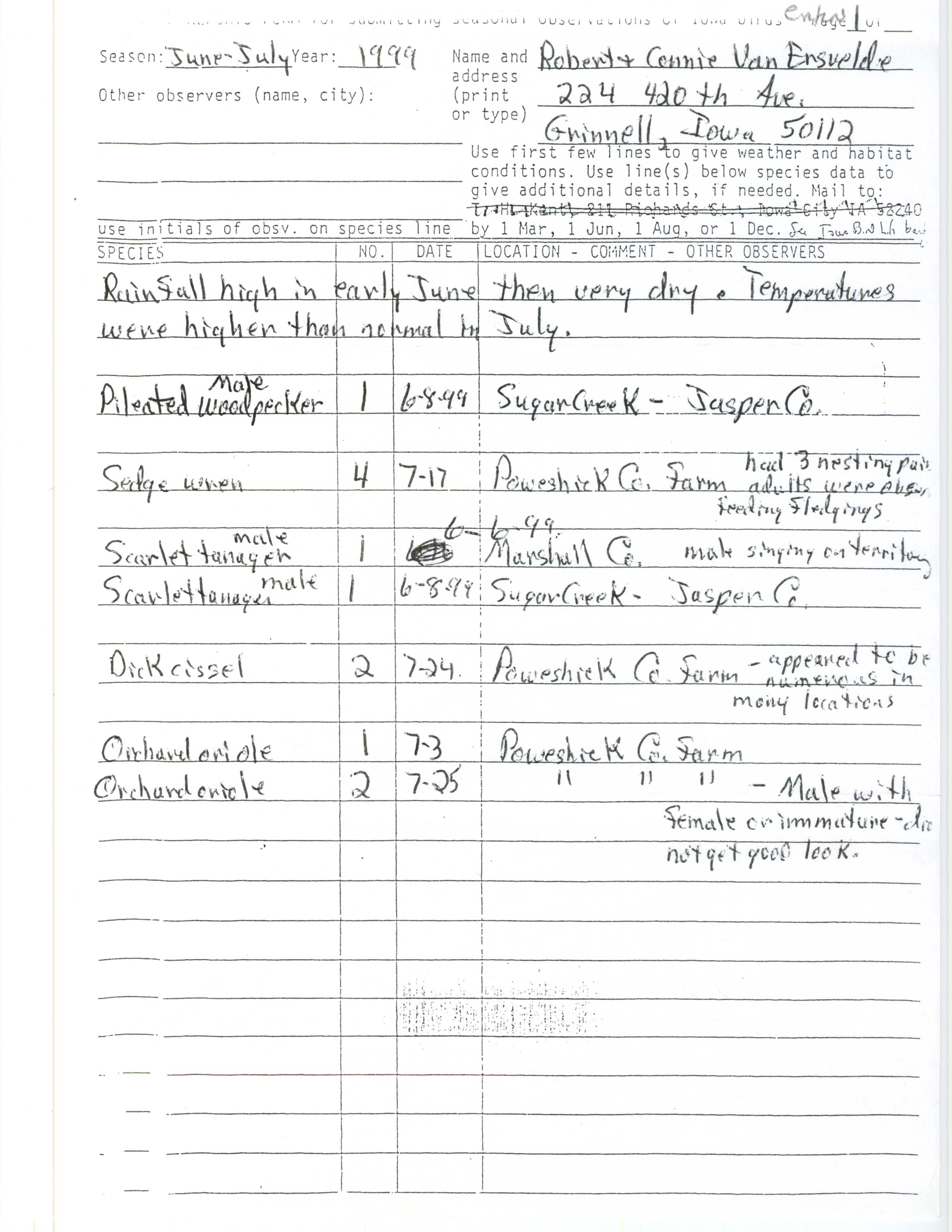 Field reports form for submitting seasonal observations of Iowa birds, summer 1999, Robert & Connie VanErsvelde