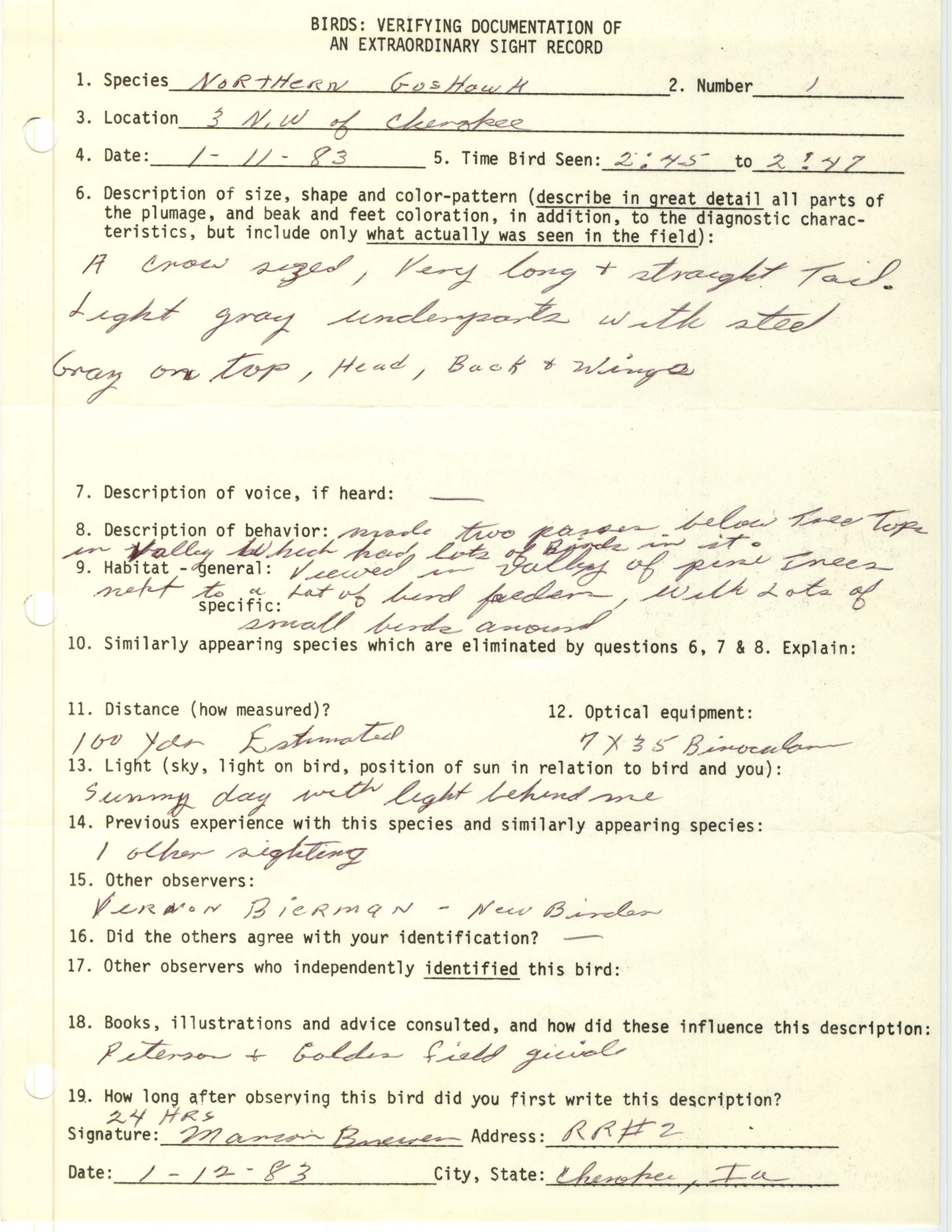 Rare bird documentation form for Northern Goshawk at Cherokee, 1983