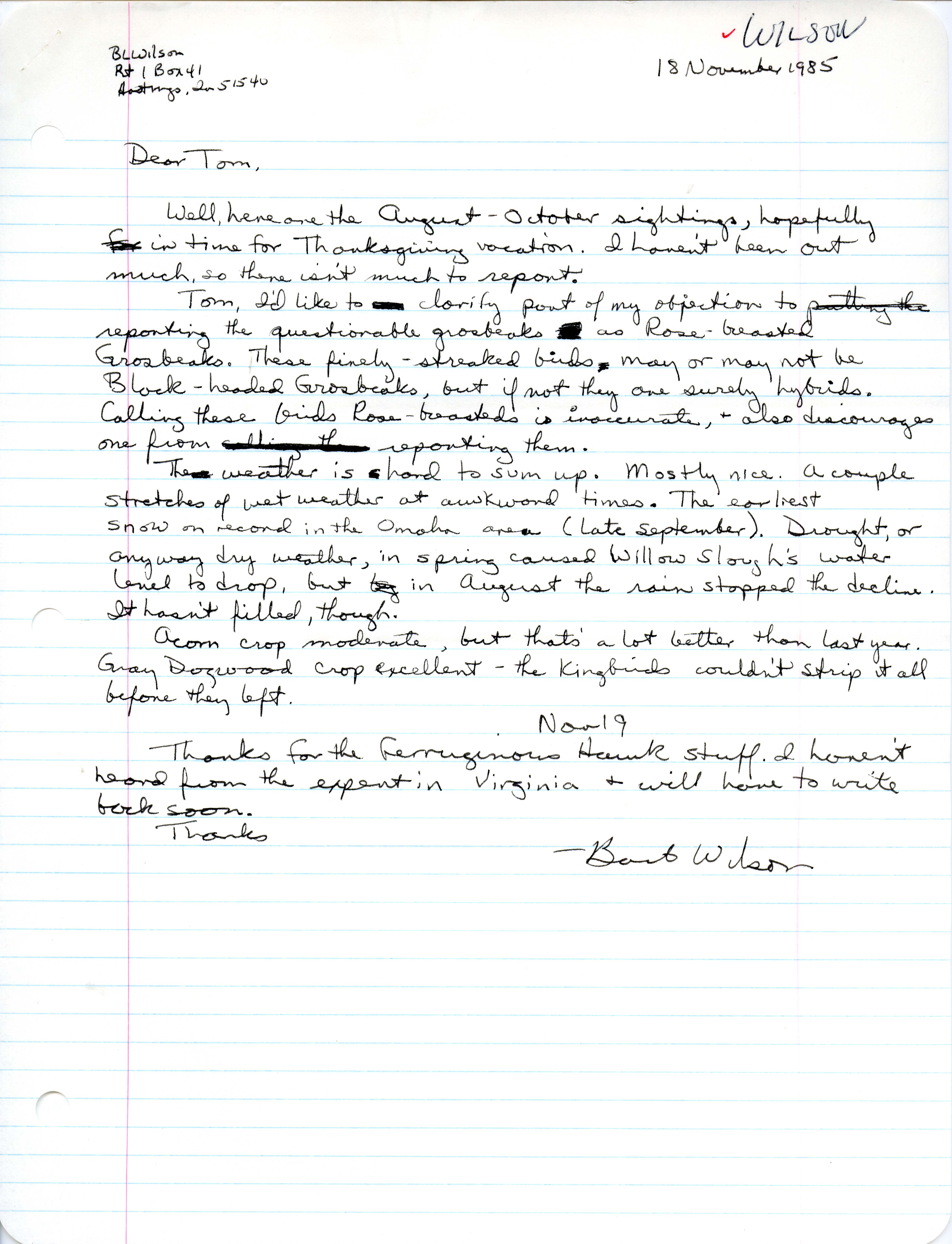 Barb Wilson letter to Thomas Kent regarding Fall sightings, November 18, 1985