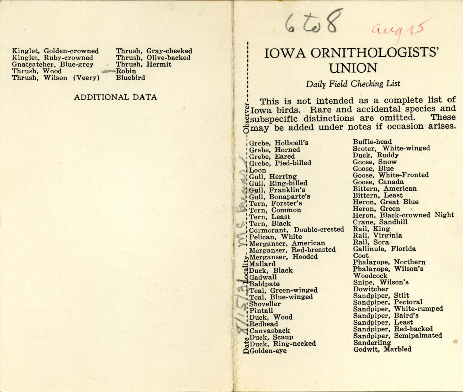 Daily field checking list, Walter Rosene, August 15, 1931