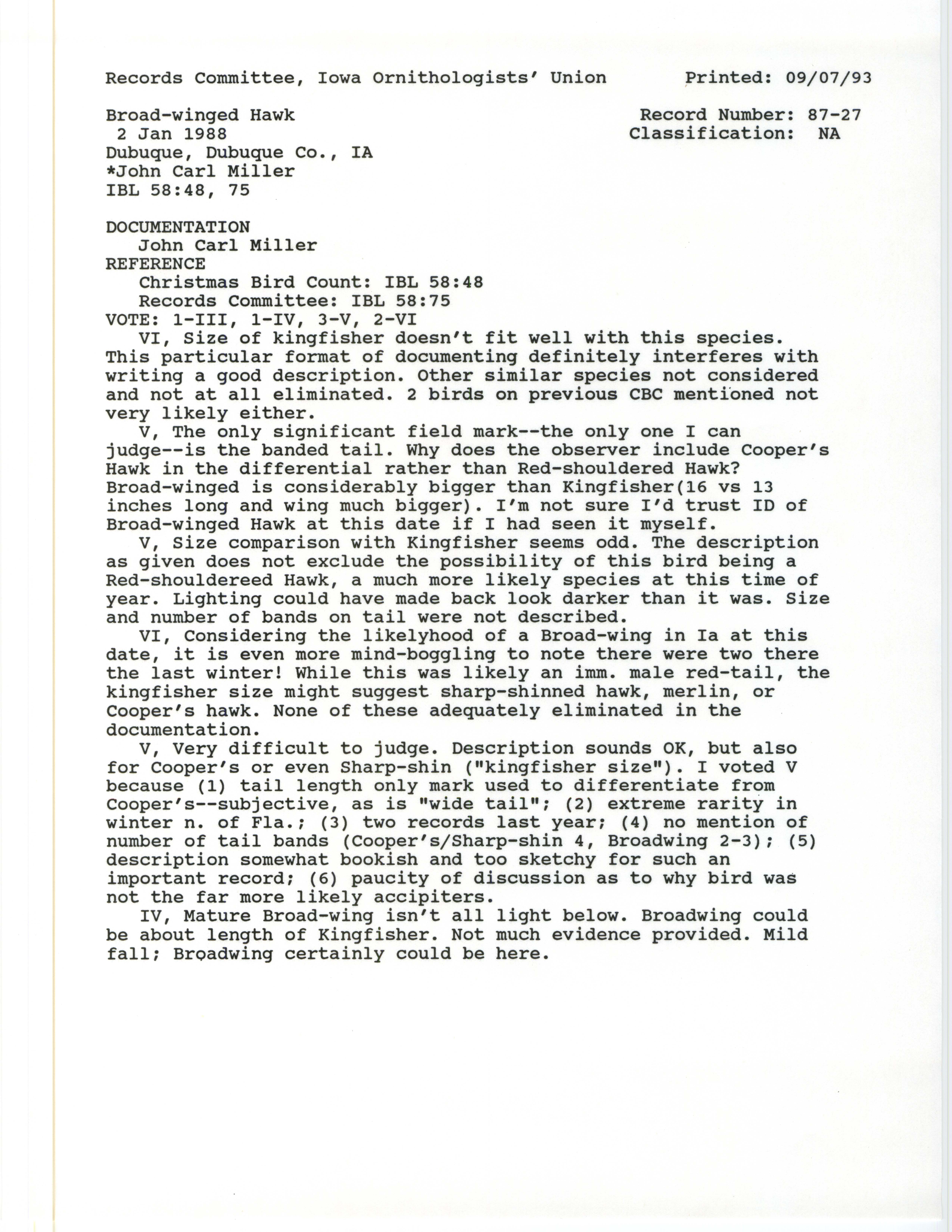 Records Committee review for rare bird sighting of Broad-winged Hawk at Dubuque, 1988