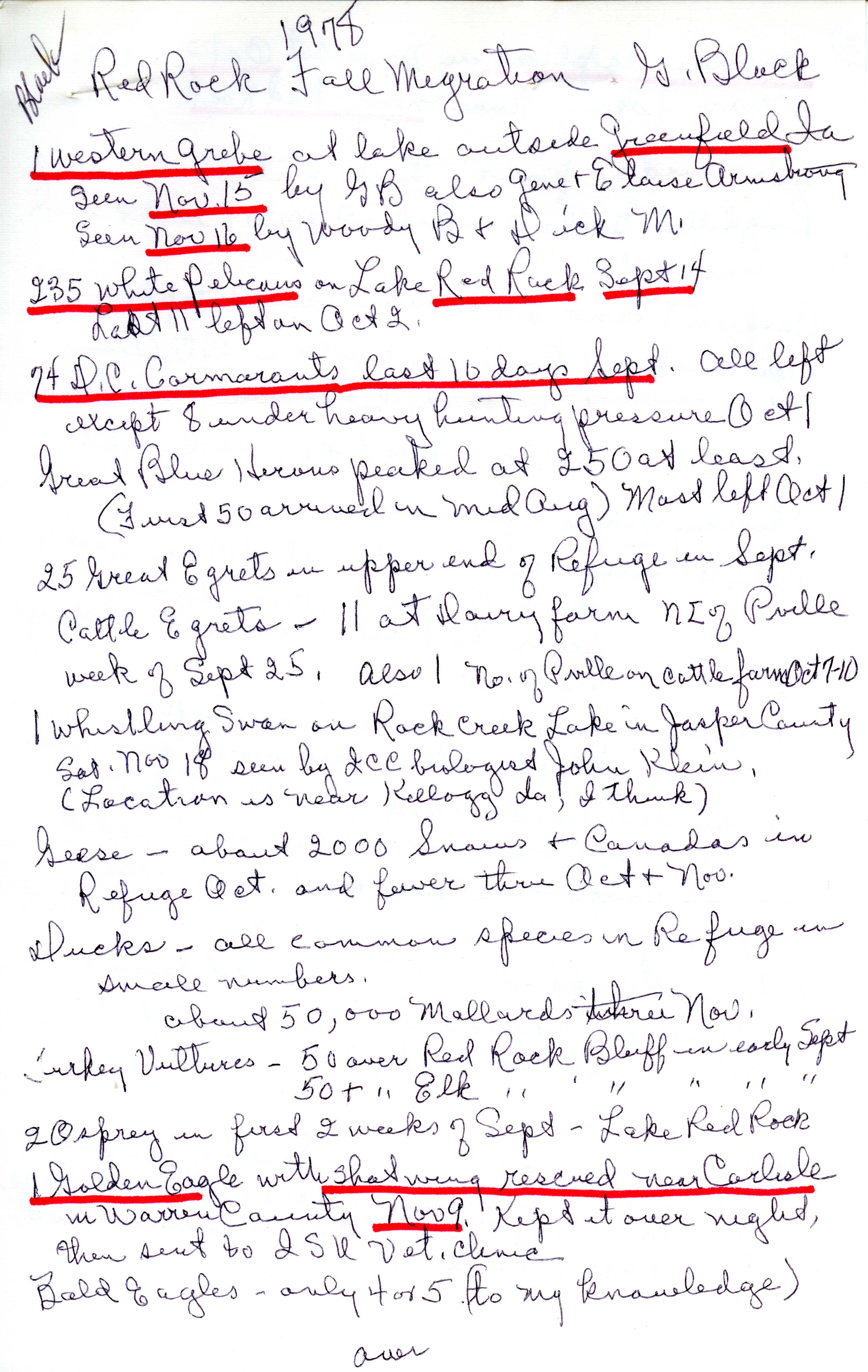 Gladys Black's 1978 Red Rock Fall Migration and letter to Nicholas S. Halmi, October 7, 1978