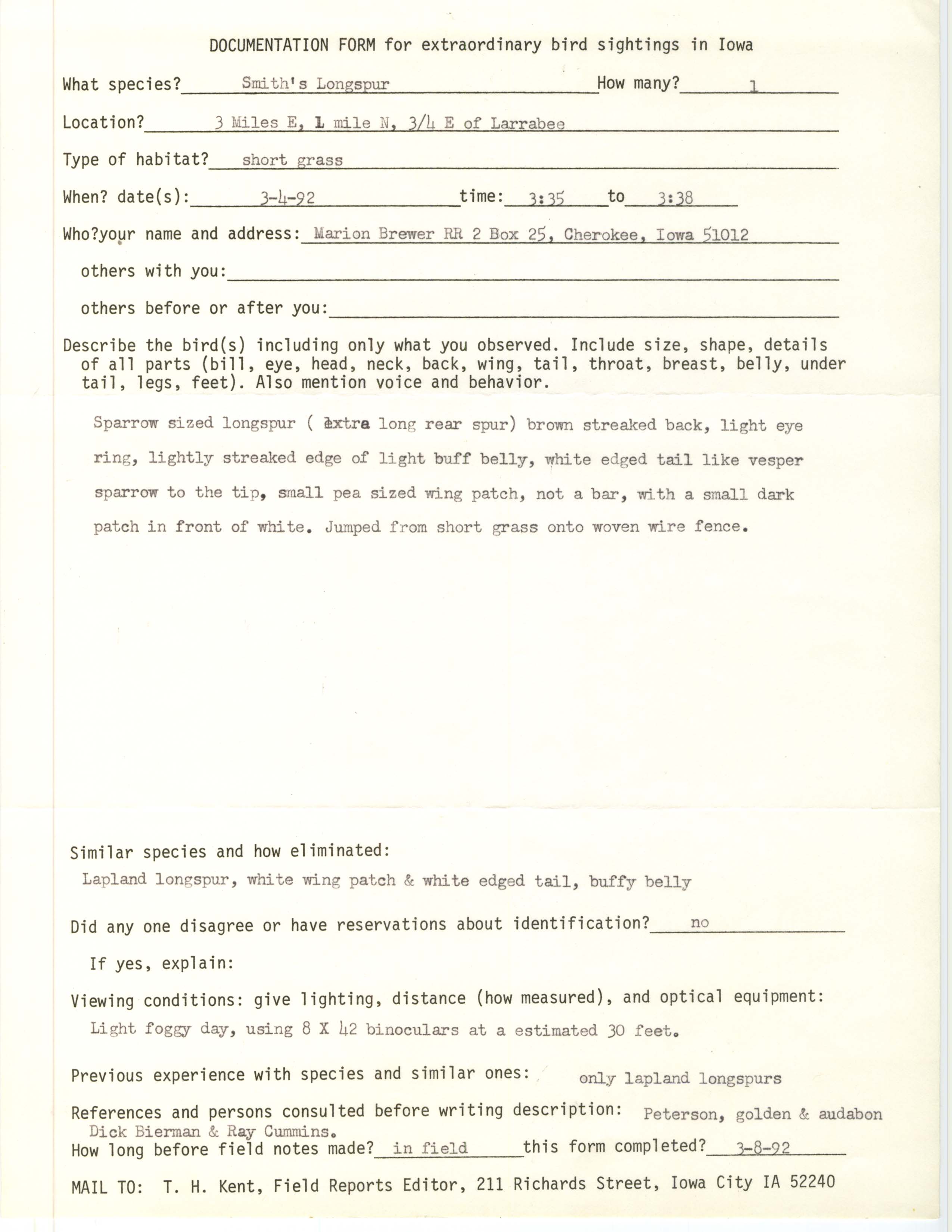 Rare bird documentation form for Smith's Longspur northeast of Larrabee, 1992
