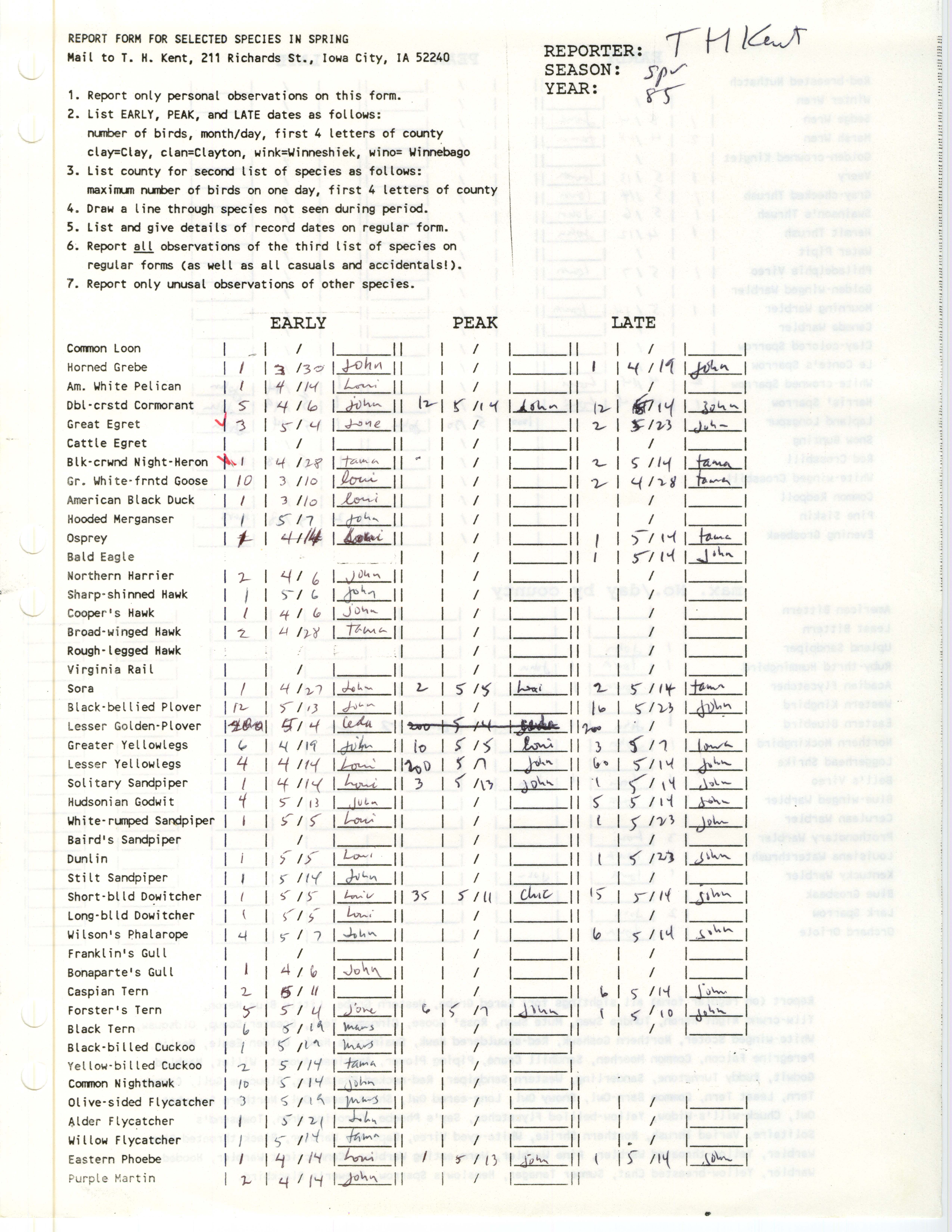 Report form for selected species in spring, contributed by Thomas H. Kent, spring 1985