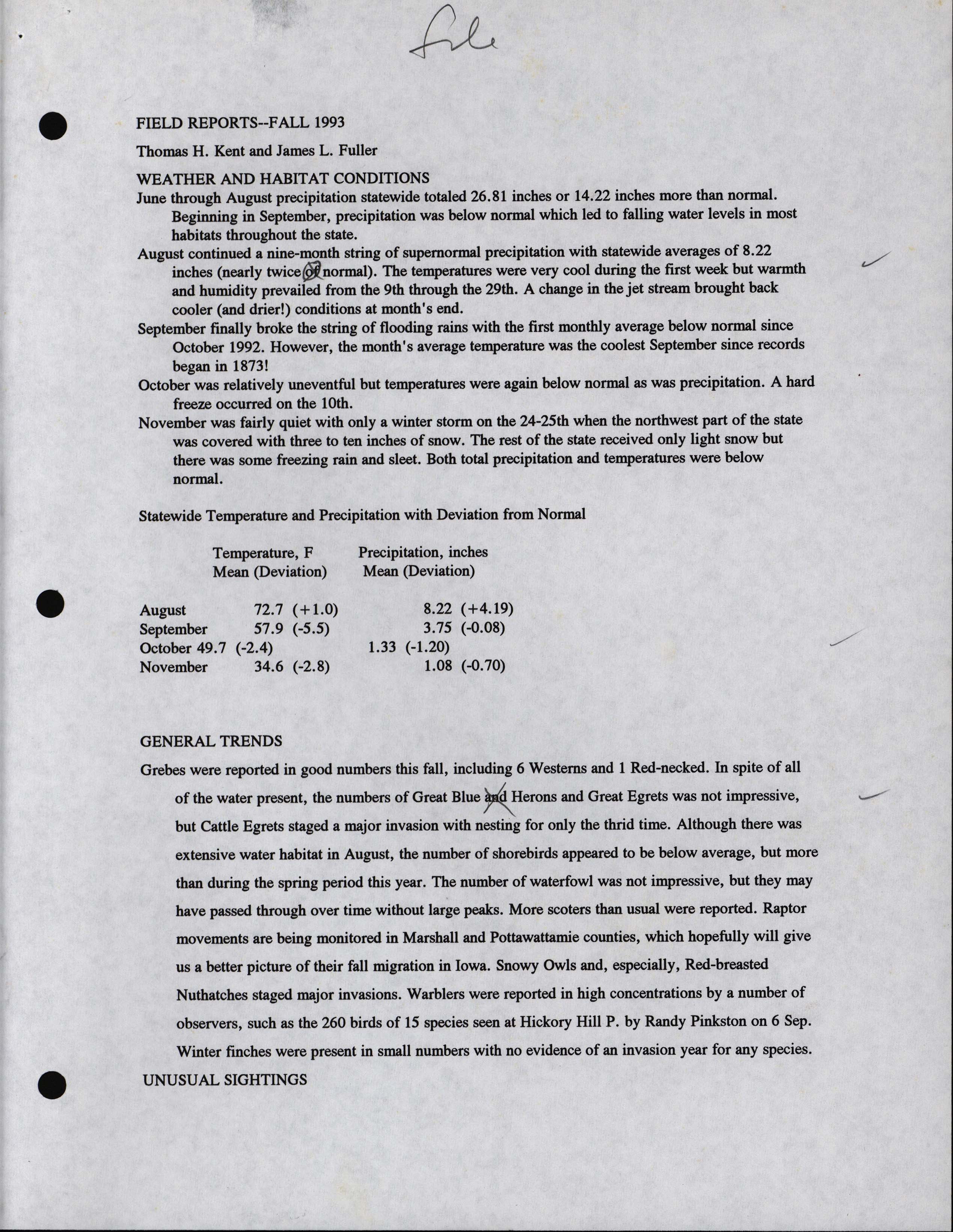 Iowa Ornithologists' Union, Quarterly field report, fall 1993
