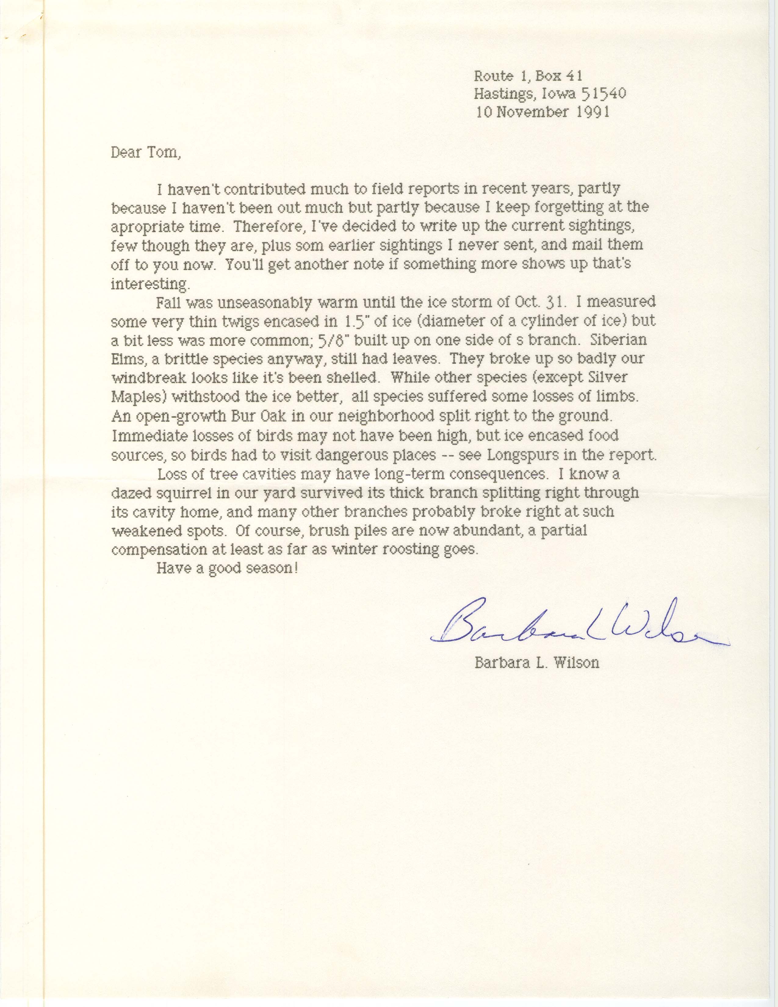 Field notes and Barbara L. Wilson letter to Thomas H. Kent, November 10, 1991
