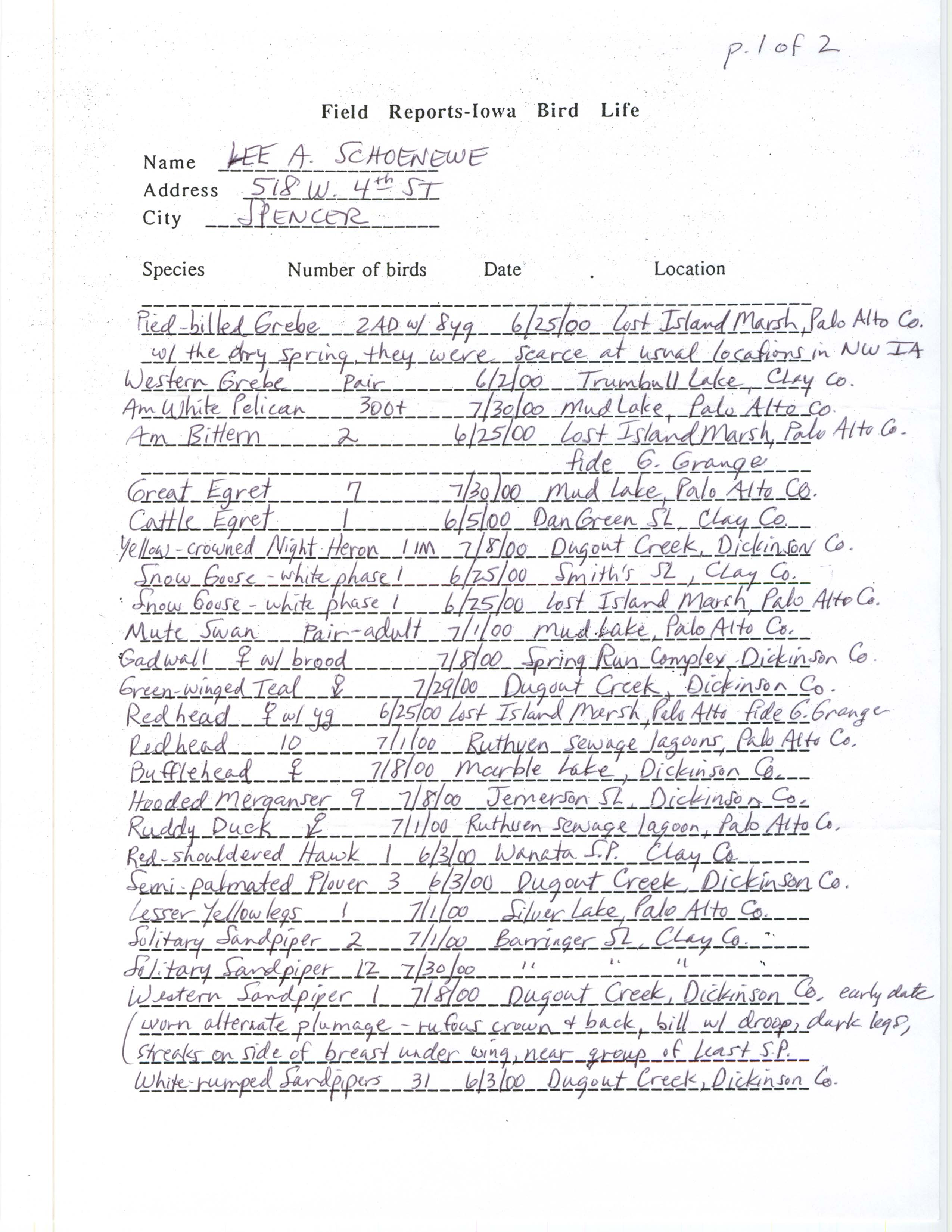 Field notes contributed by Lee A. Schoenewe, summer 2000