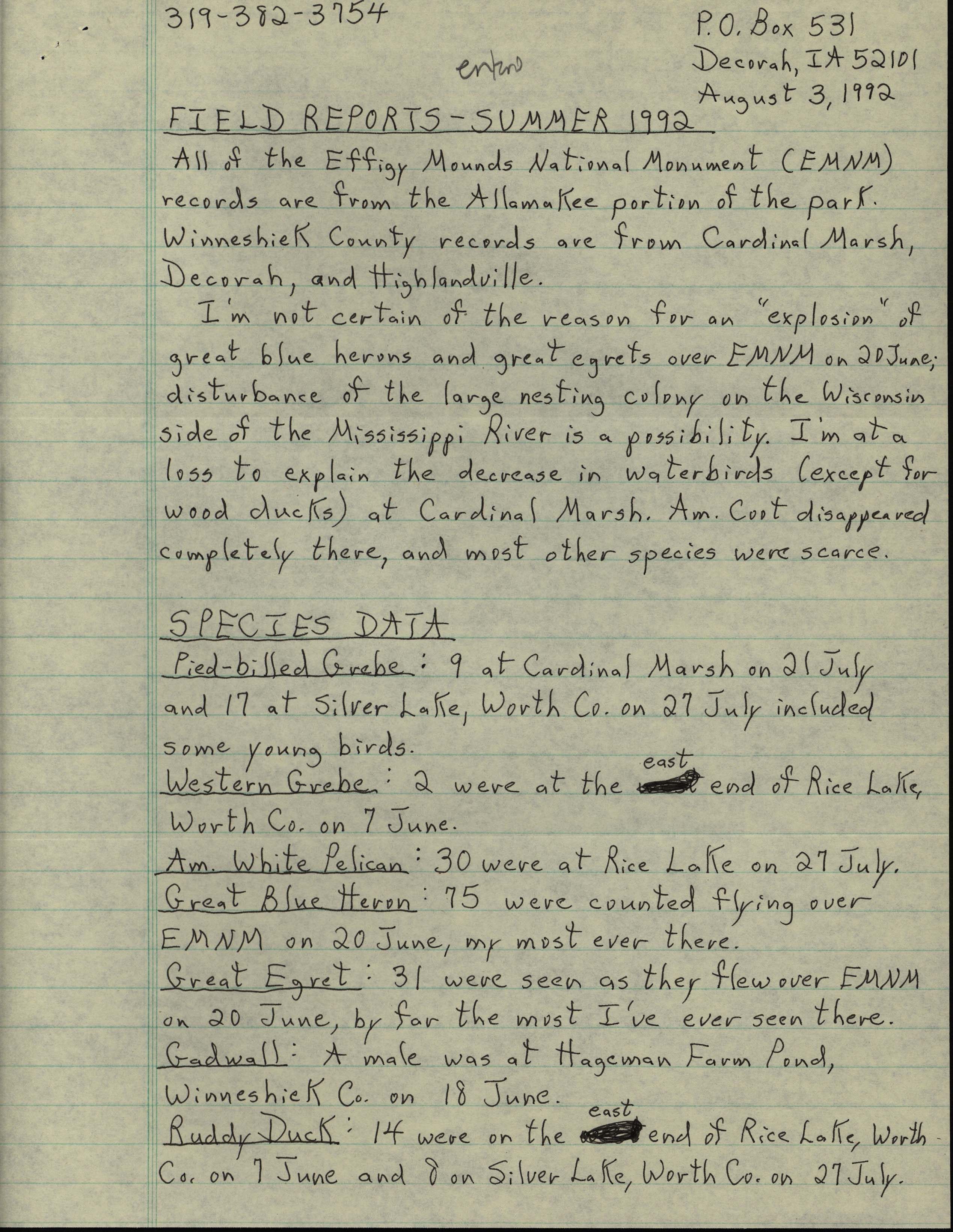 Field notes contributed by Dennis L. Carter, August 3, 1992