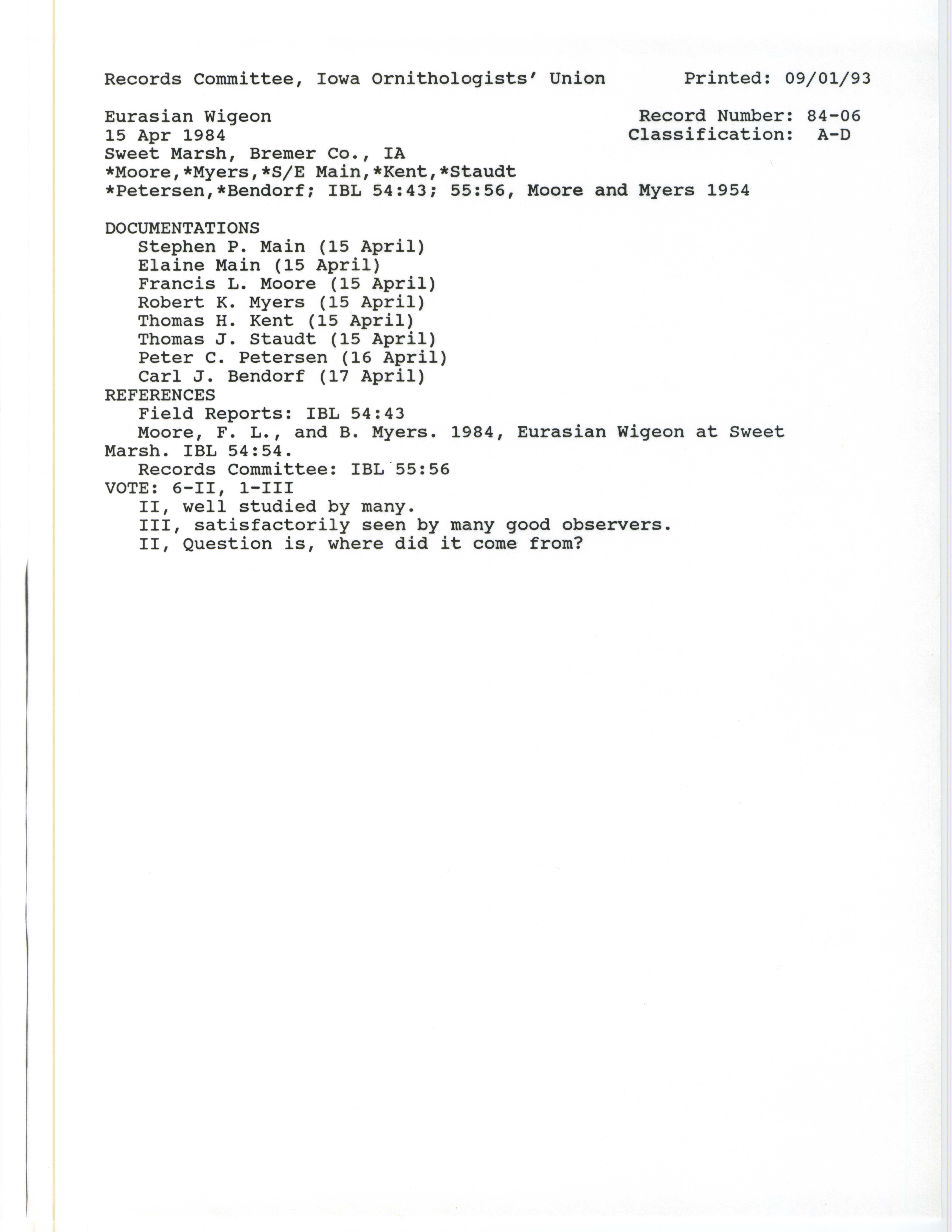 Records Committee review for rare bird sighting of Eurasian Wigeon at Sweet Marsh, 1984