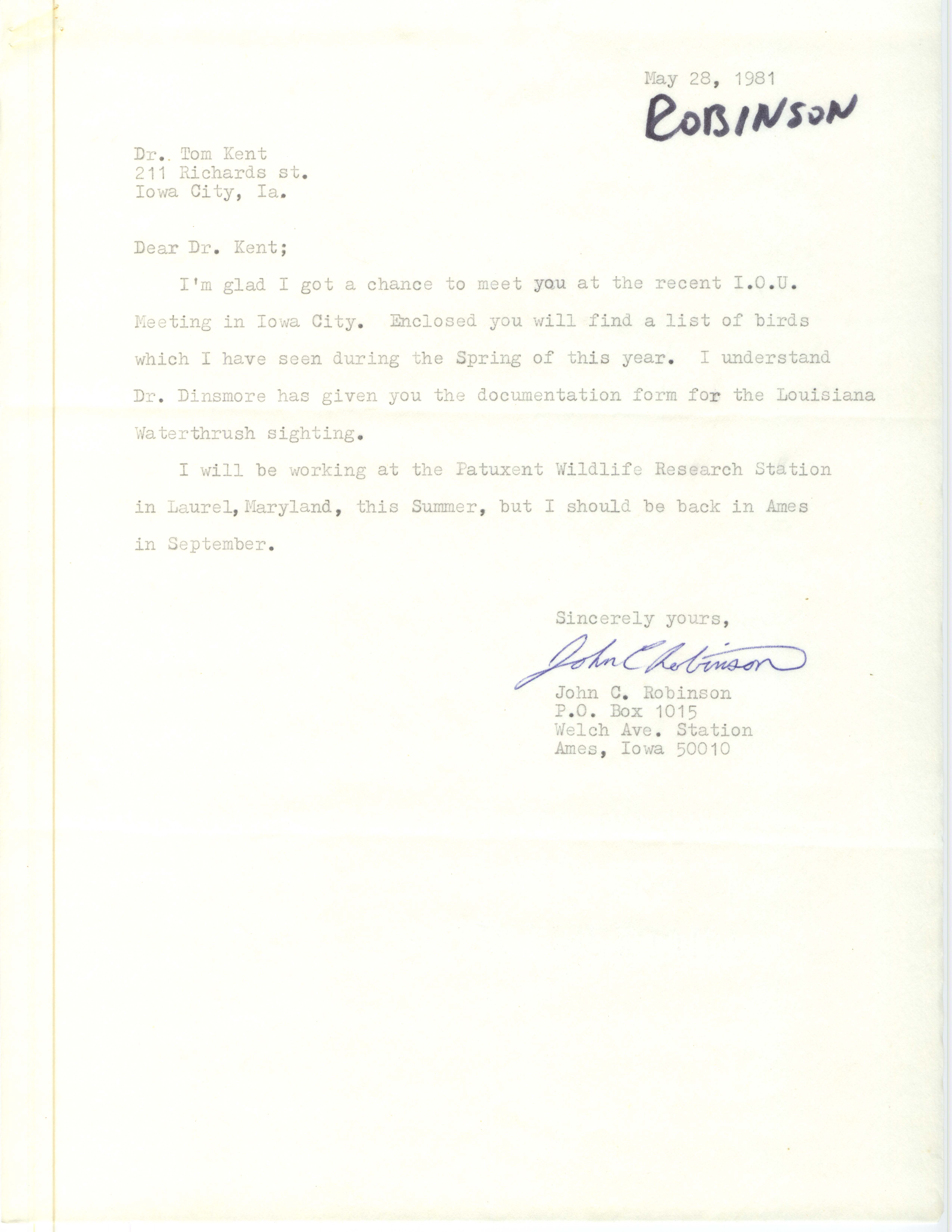 John Robinson letter to Thomas Kent regarding spring bird list, May 28, 1981