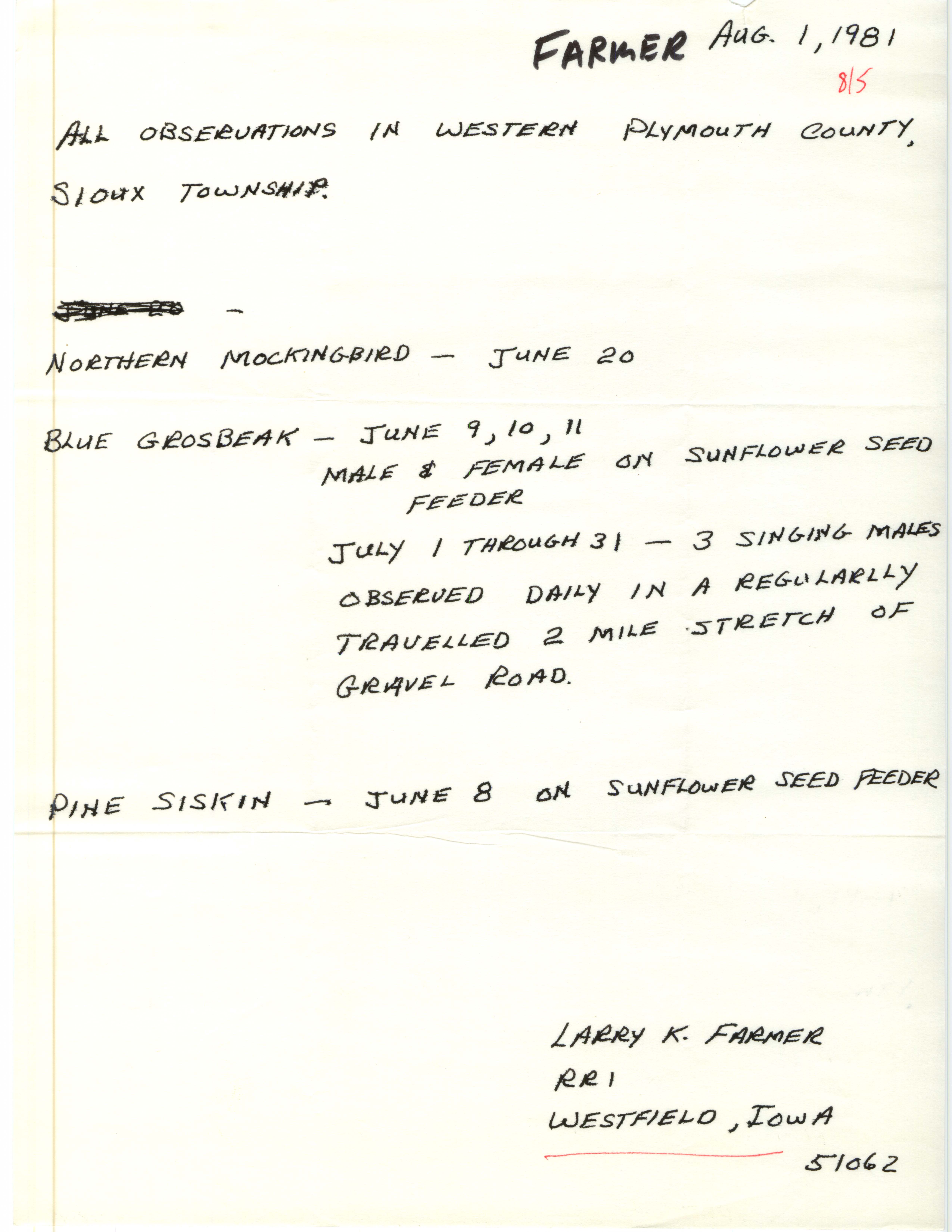 Field notes contributed by Larry Farmer, August 1, 1981