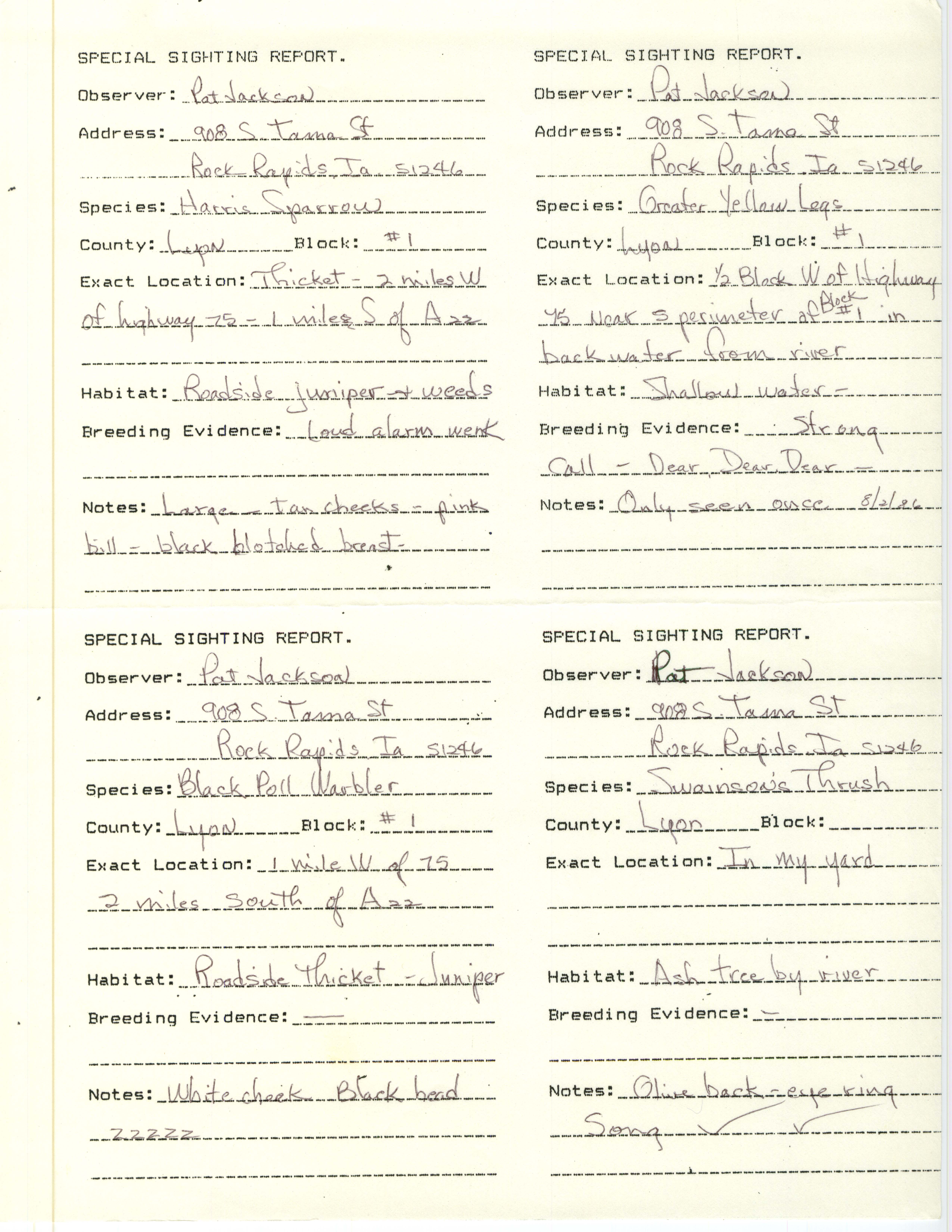 Special sighting reports and Iowa Breeding Bird Atlas documentation form, Patricia A. Jackson, August 20, 1986.