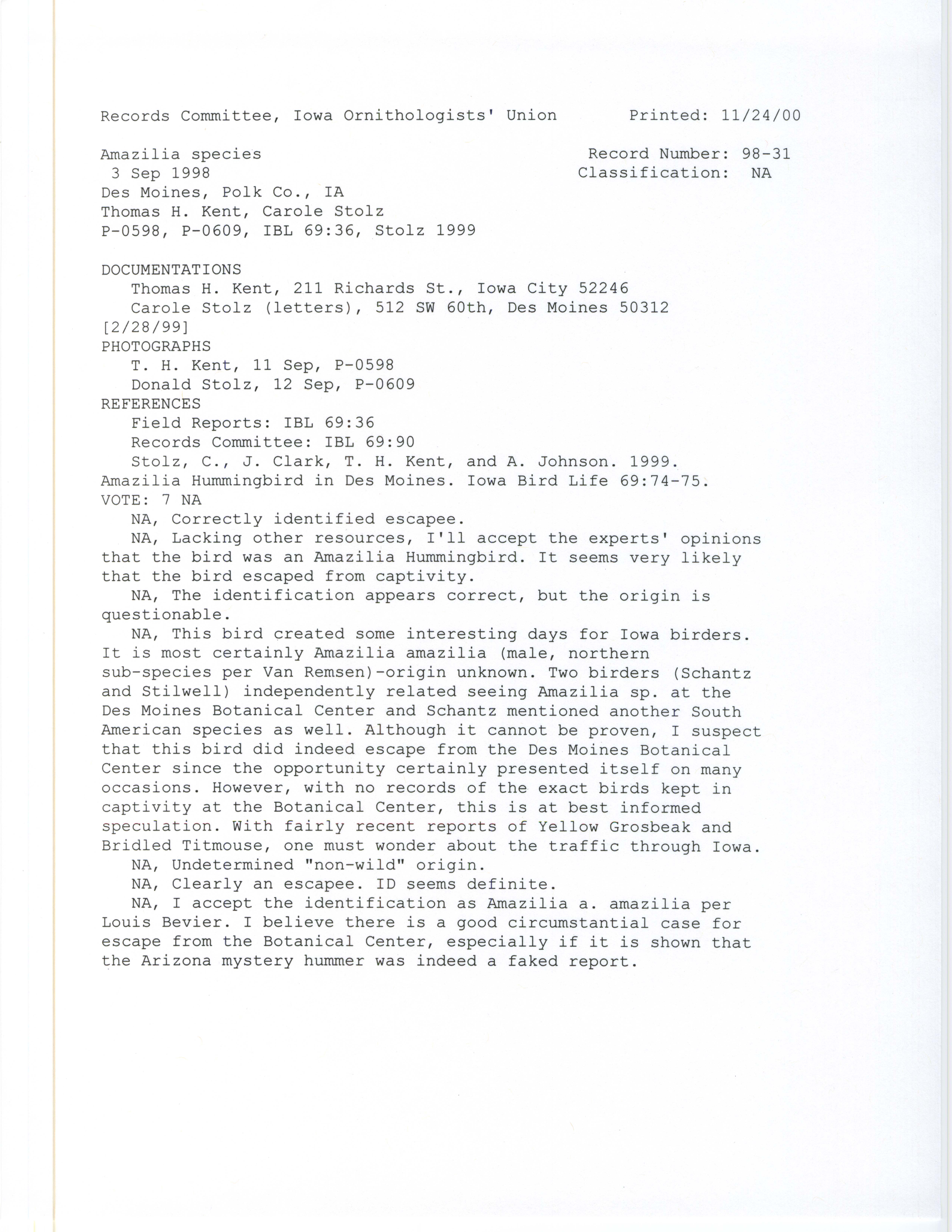 Records Committee review for rare bird sighting for Amazilia species at Des Moines, 1998