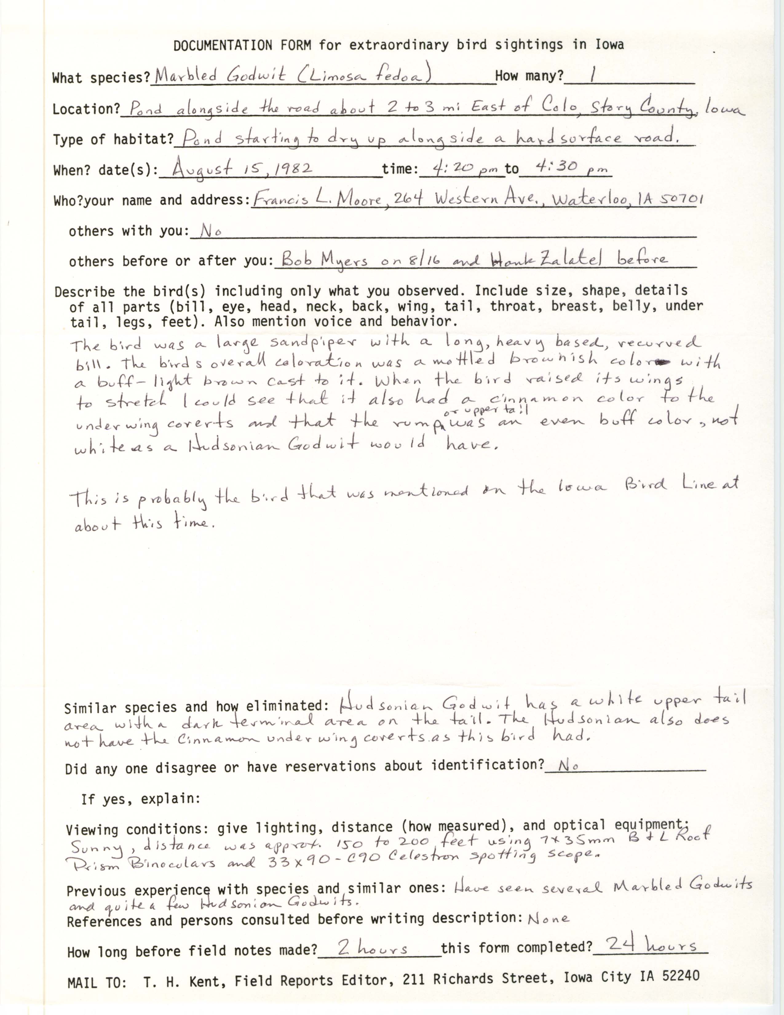 Rare bird documentation form for Marbled Godwit east of Colo, 1982