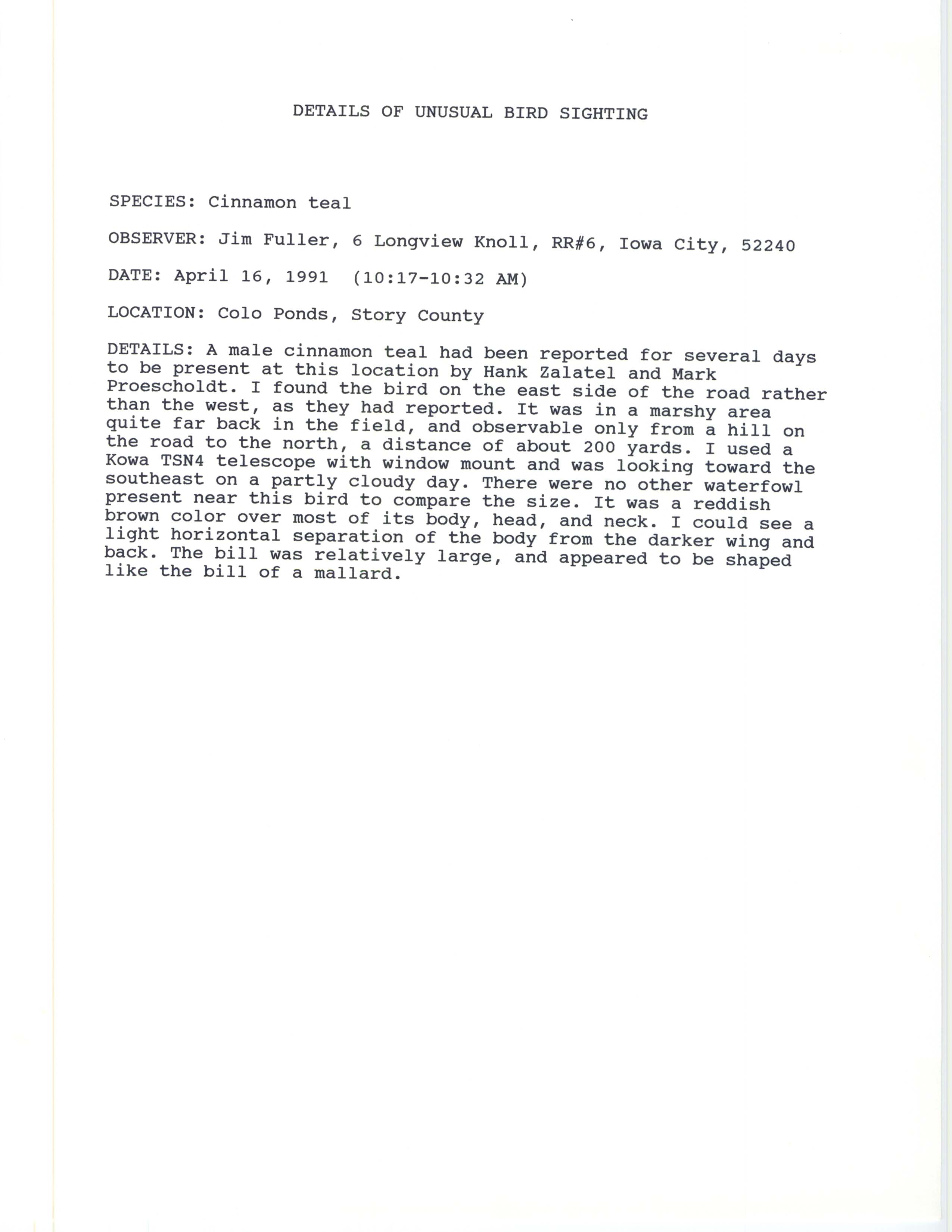 Rare bird documentation form for Cinnamon Teal at Colo Ponds, 1991