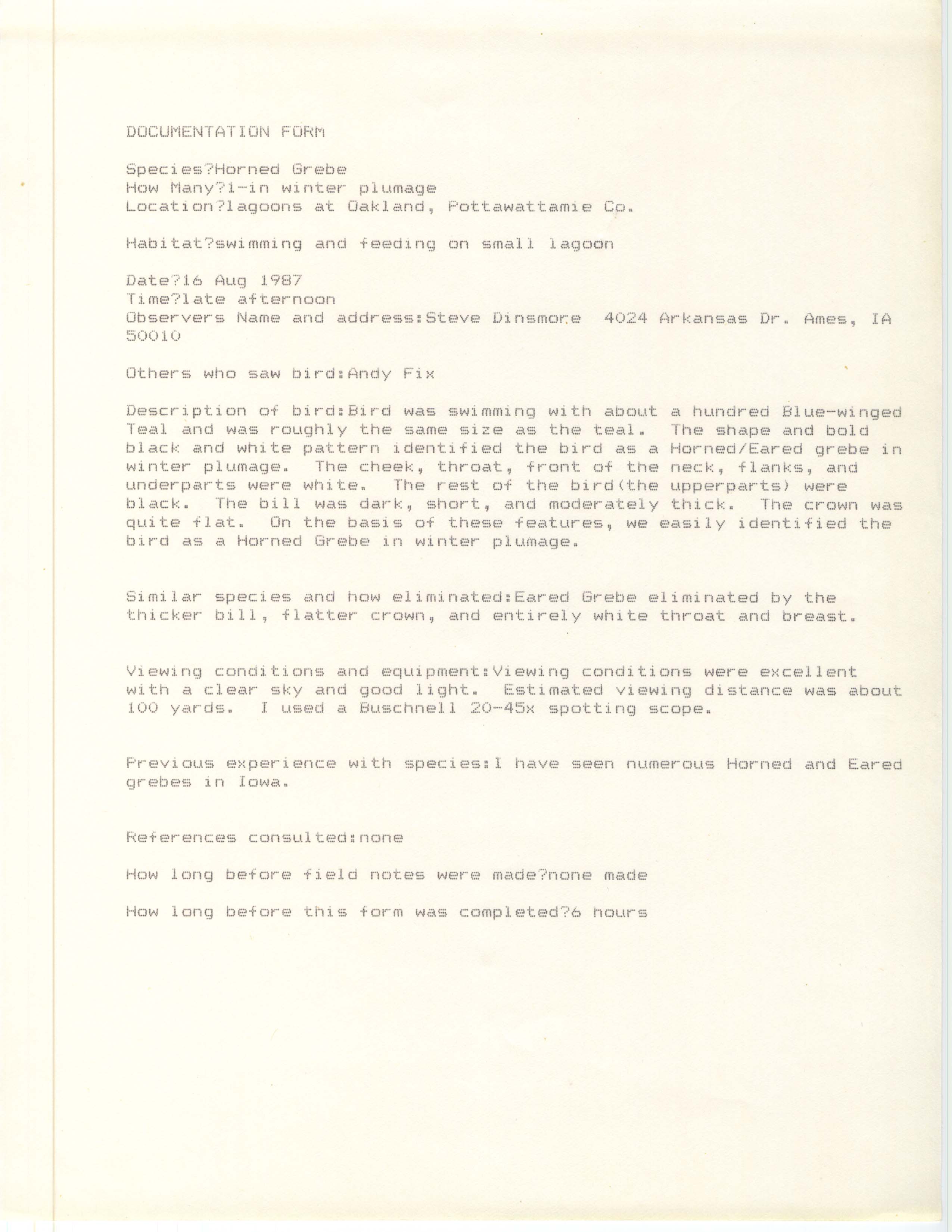  Rare bird documentation form for Horned Grebe at Oakland, 1987