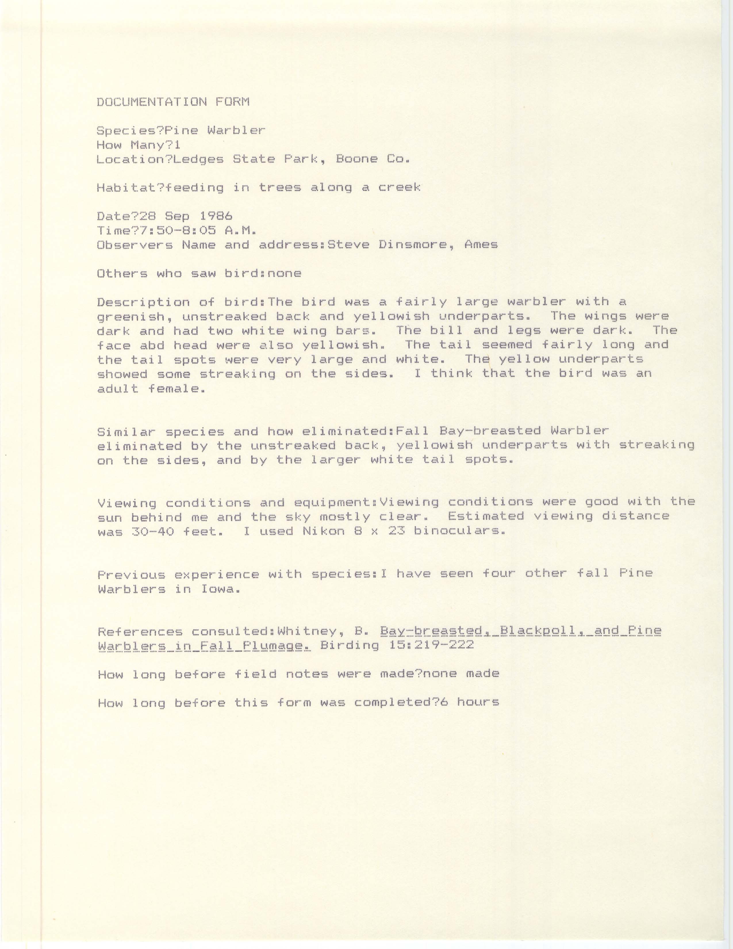 Rare bird documentation form for Pine Warbler at Ledges State Park, 1986