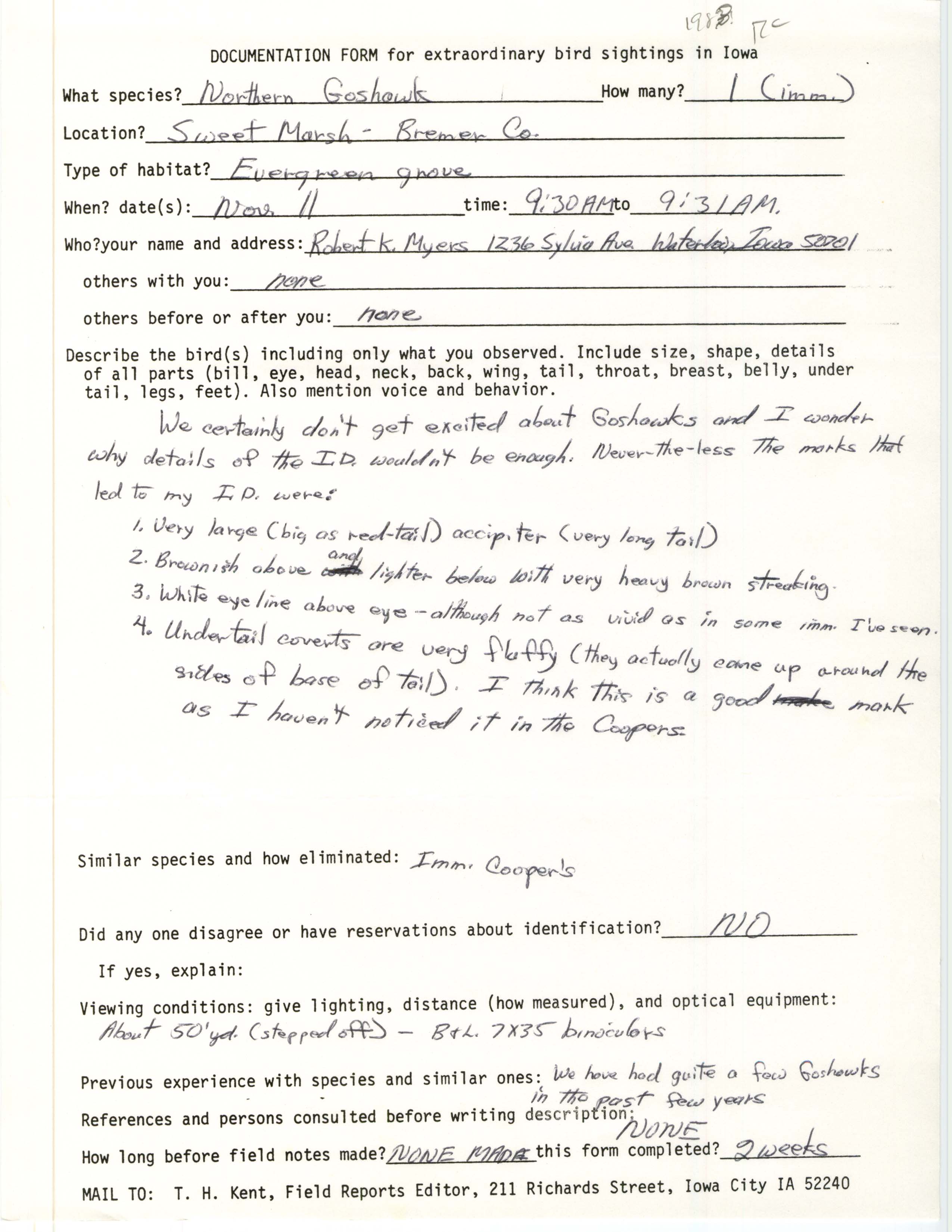 Rare bird documentation form for Northern Goshawk at Sweet Marsh, 1983