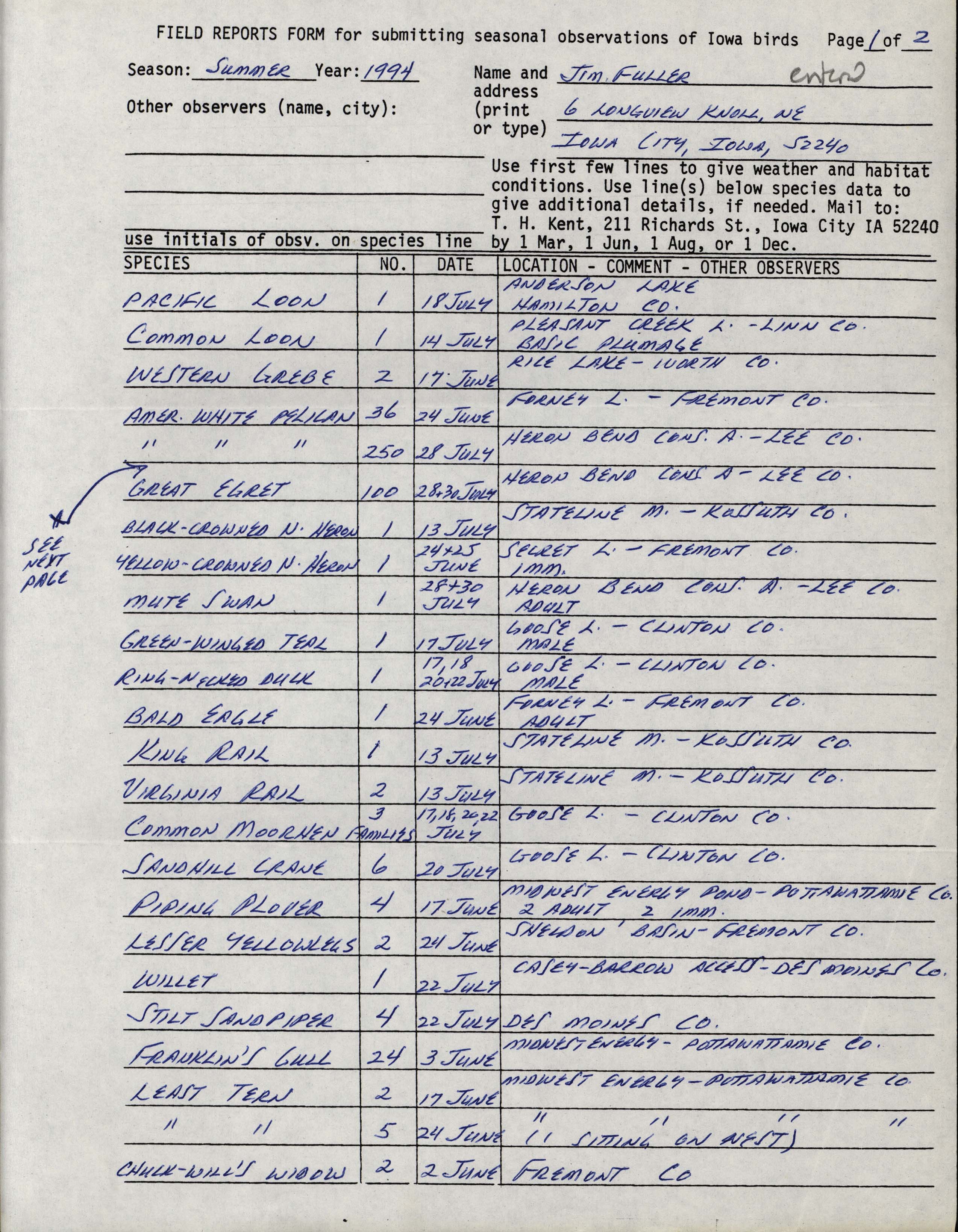 Field reports form for submitting seasonal observations of Iowa birds, Jim Fuller, Summer 1994